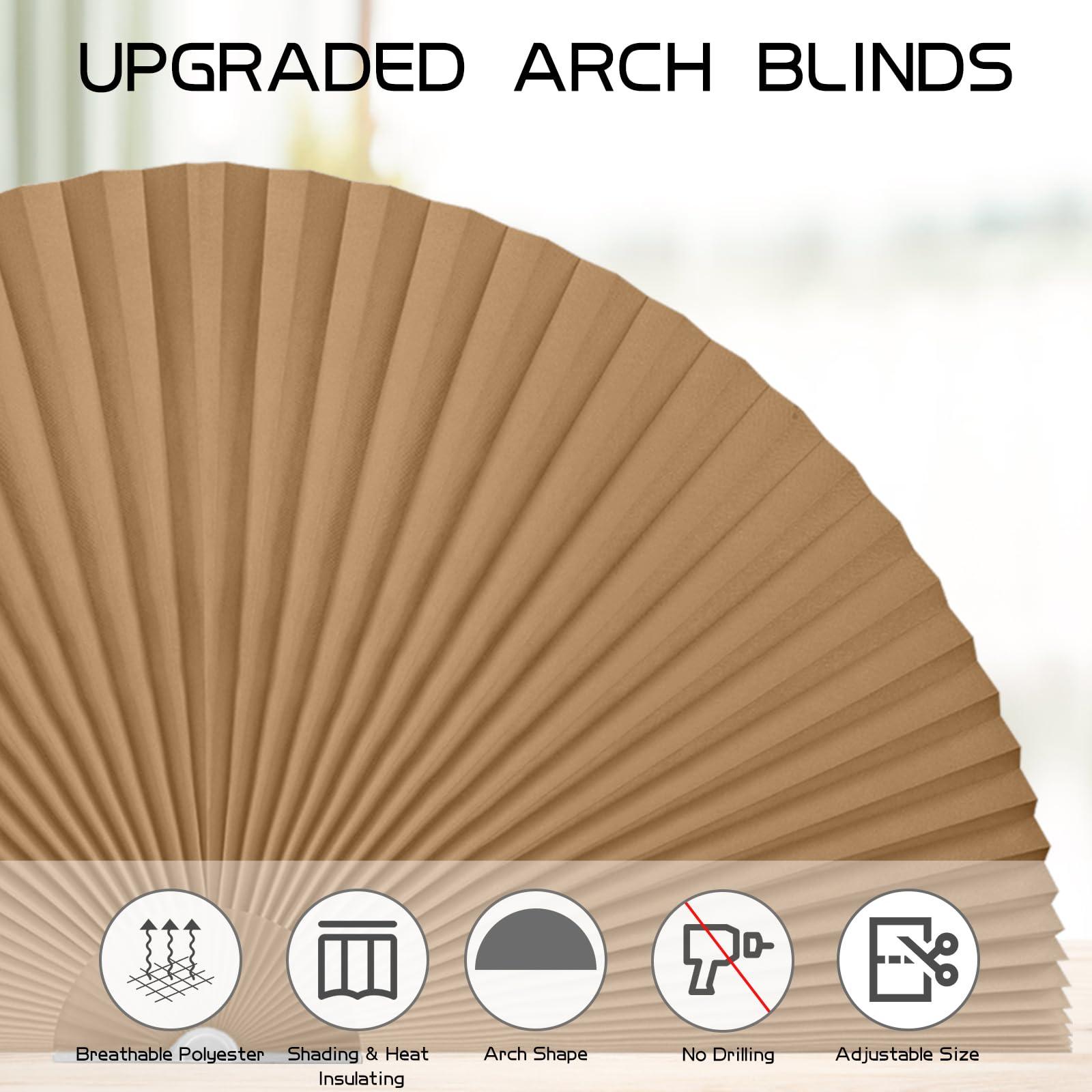 Jlong Arch Window Shade Curtains Half Circle Moon Pleated Fabric Blinds Semi Circle Temporary Light Filtering Pleated Paper Shades Half Round Window Covering Easy to Cut and Install(1,Brown,48x24Inches)