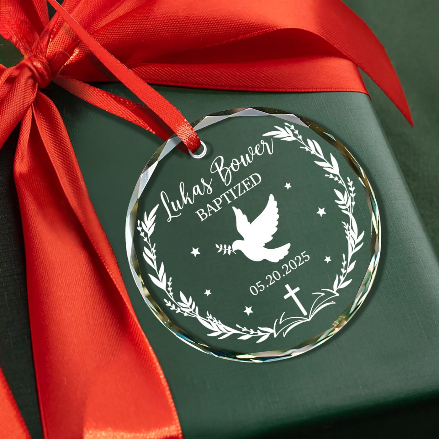 Cenluxy Baptized Glass Ornament Christmas, Personalized Baptism Ornament, Christening Xmas Ornament Gift for Godson Goddaughter from Godparents, Custom Name & Date Christening Ornament, Baby Baptism Ornament