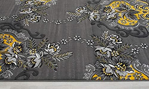 Champion Rugs Champion Rugs Modern Floral Traditional Yellow Grey Black Area Rug Carpet (5 3 X 7 5)
