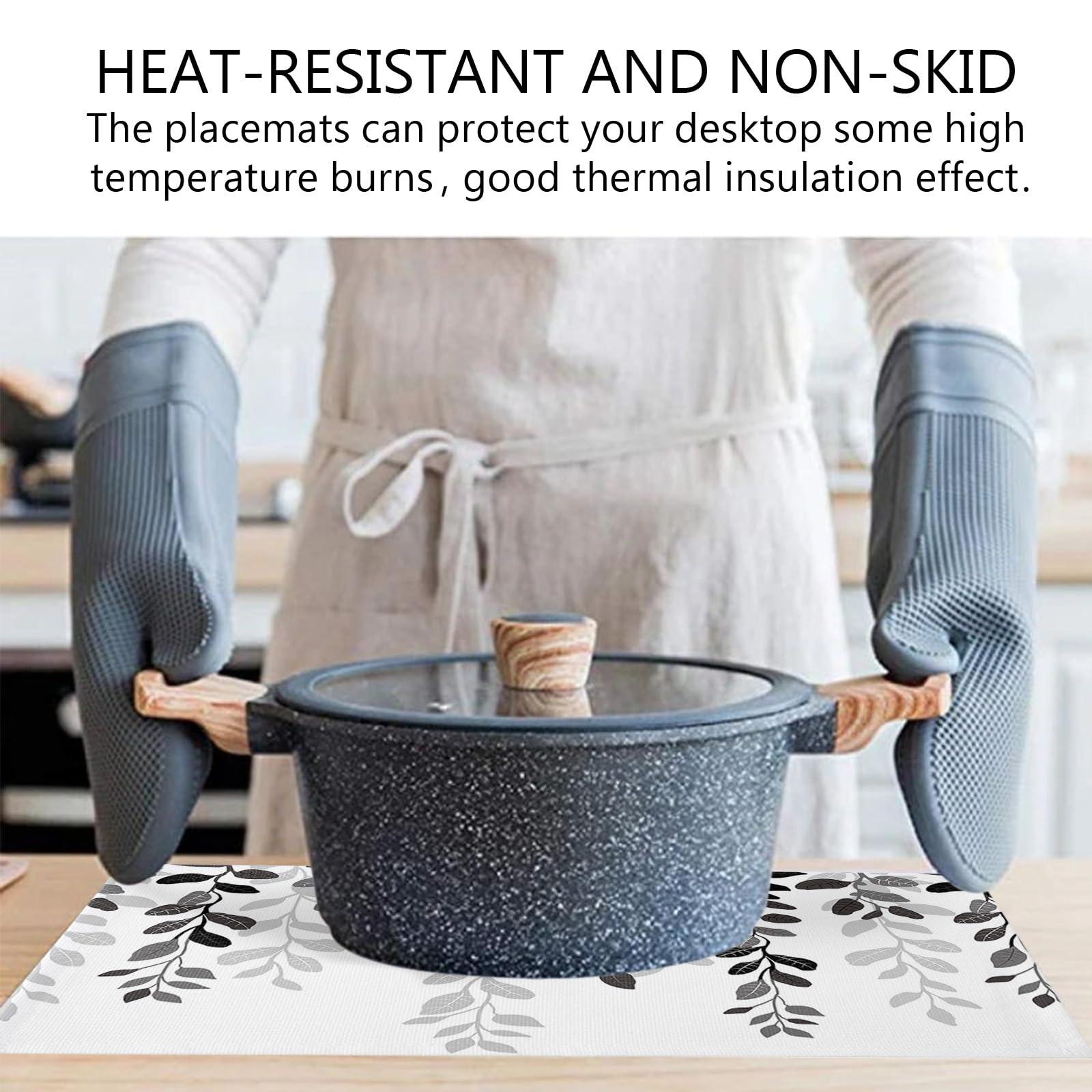 Gehucoxee Black Grey Botanical Placemats for Dining Table Set of 4, Washable Placemats Cotton Linen Place Mats for Kitchen/Dining, Farmhouse Table Mats Country Leaves Geometric Texture