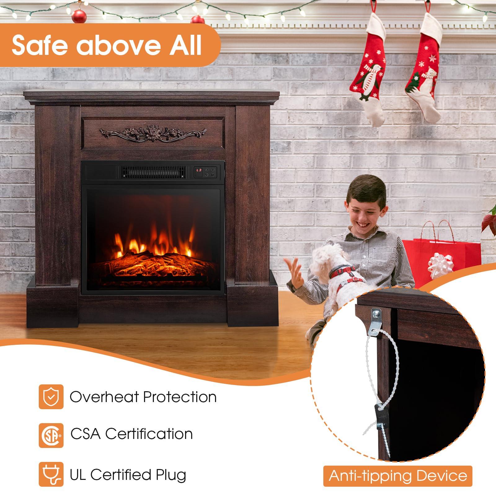 Tangkula Tangkula 1400W 32 Inches Electric Fireplace with Mantel, Freestanding Fireplace Heater with 3D Flame Effect, Remote Control, Thermostat, 6H Timer, Overheat Protection (Brown)
