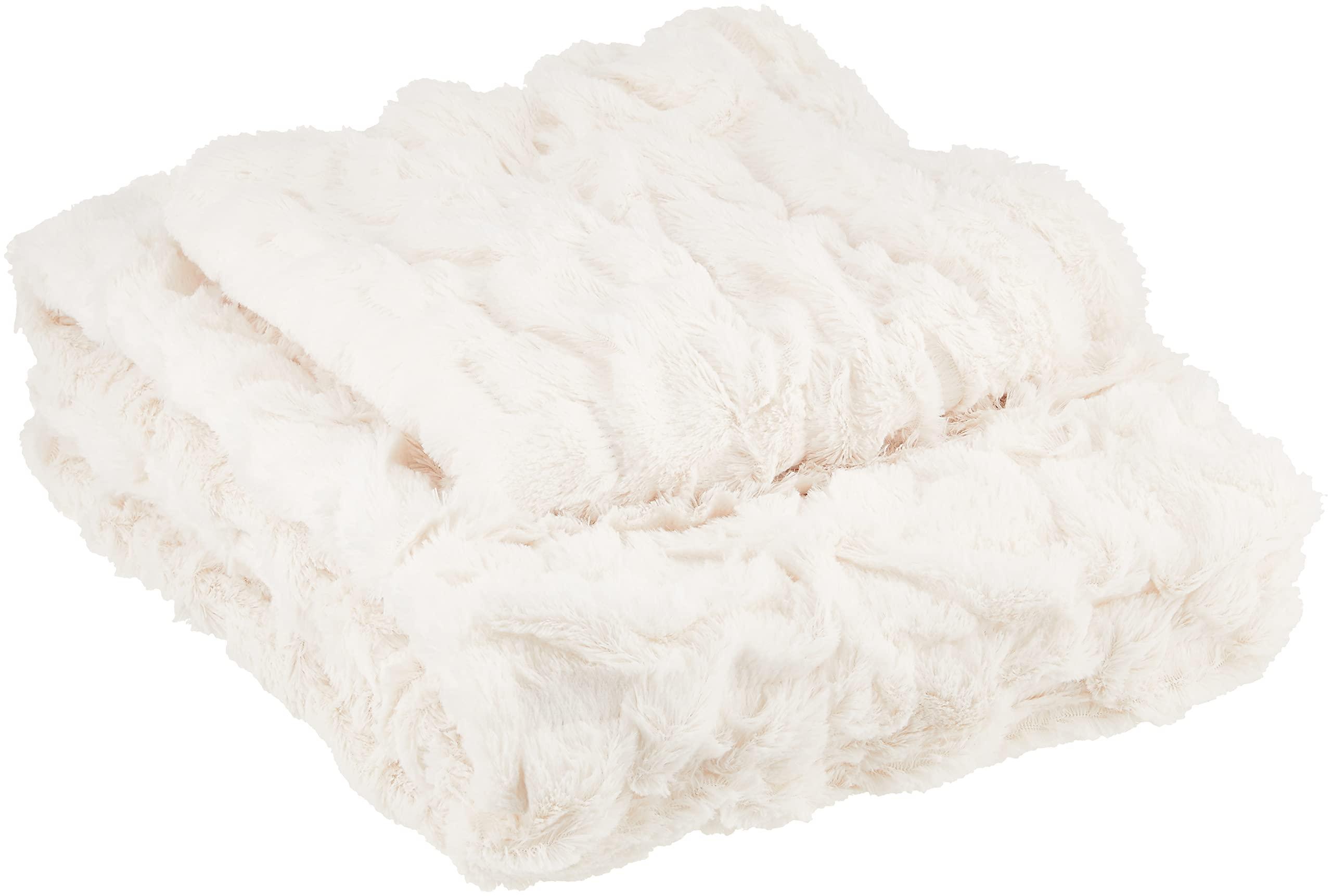 Comfort Spaces Comfort Spaces Ruched Faux Fur Plush 3 Piece Throw Blanket Set Ultra Soft Fluffy with 2 Square Pillow Covers, 50"x60", Ivory