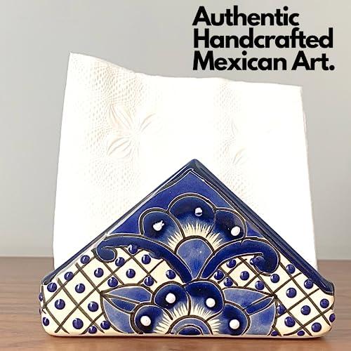 Casa Fiesta Designs Ceramic Napkin Holder - Authentic Mexican Pottery - for Kitchen Countertop | Dinner Table | Indoor & Outdoor Use Tissue and Letter Holder - Mexican Style Talavera Servilletero (Blue and White)