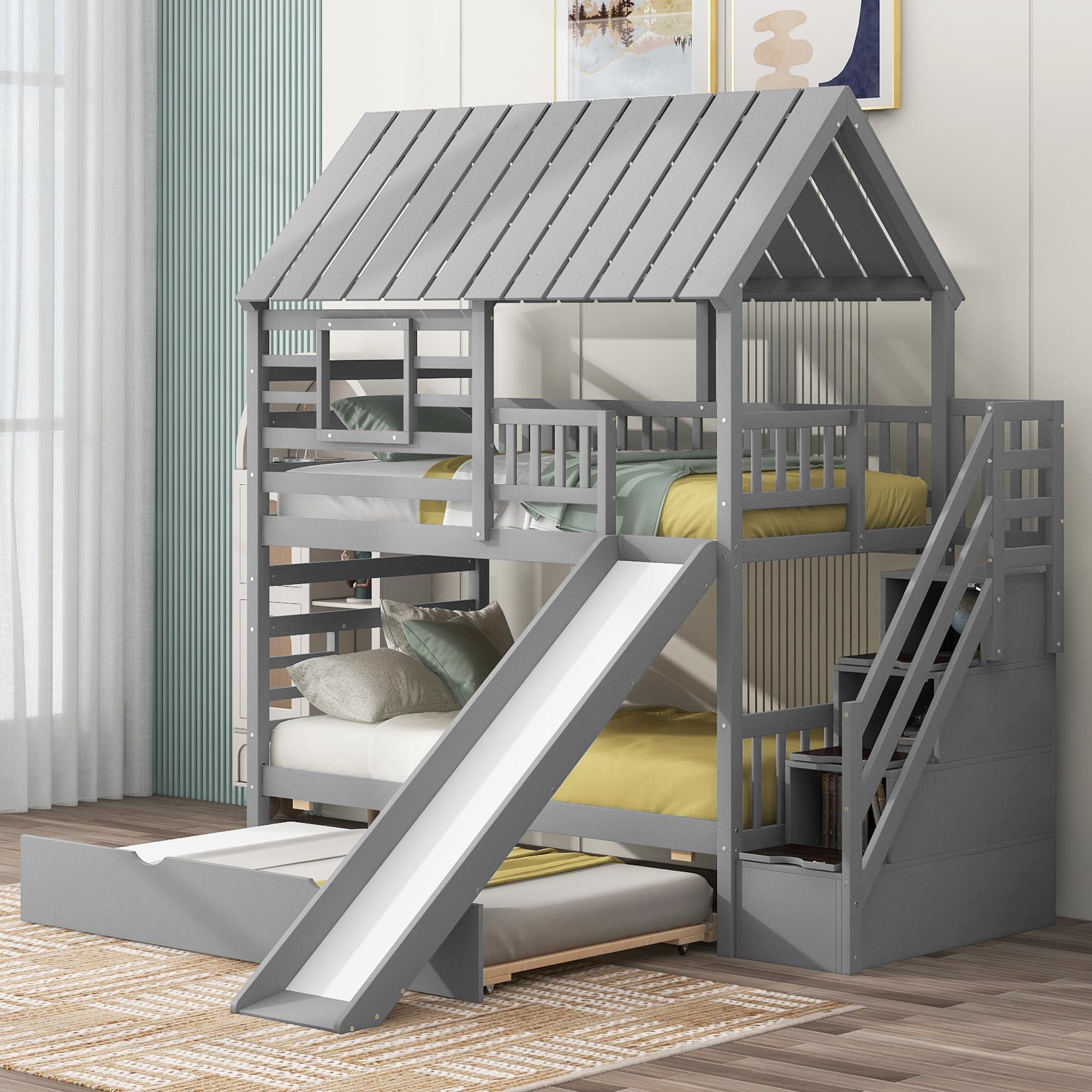 Merax Merax Twin Over Twin House Bunk Bed, Wooden Bed Frame with Trundle and Slide, Storage Staircase, Roof and Window Design, Gray