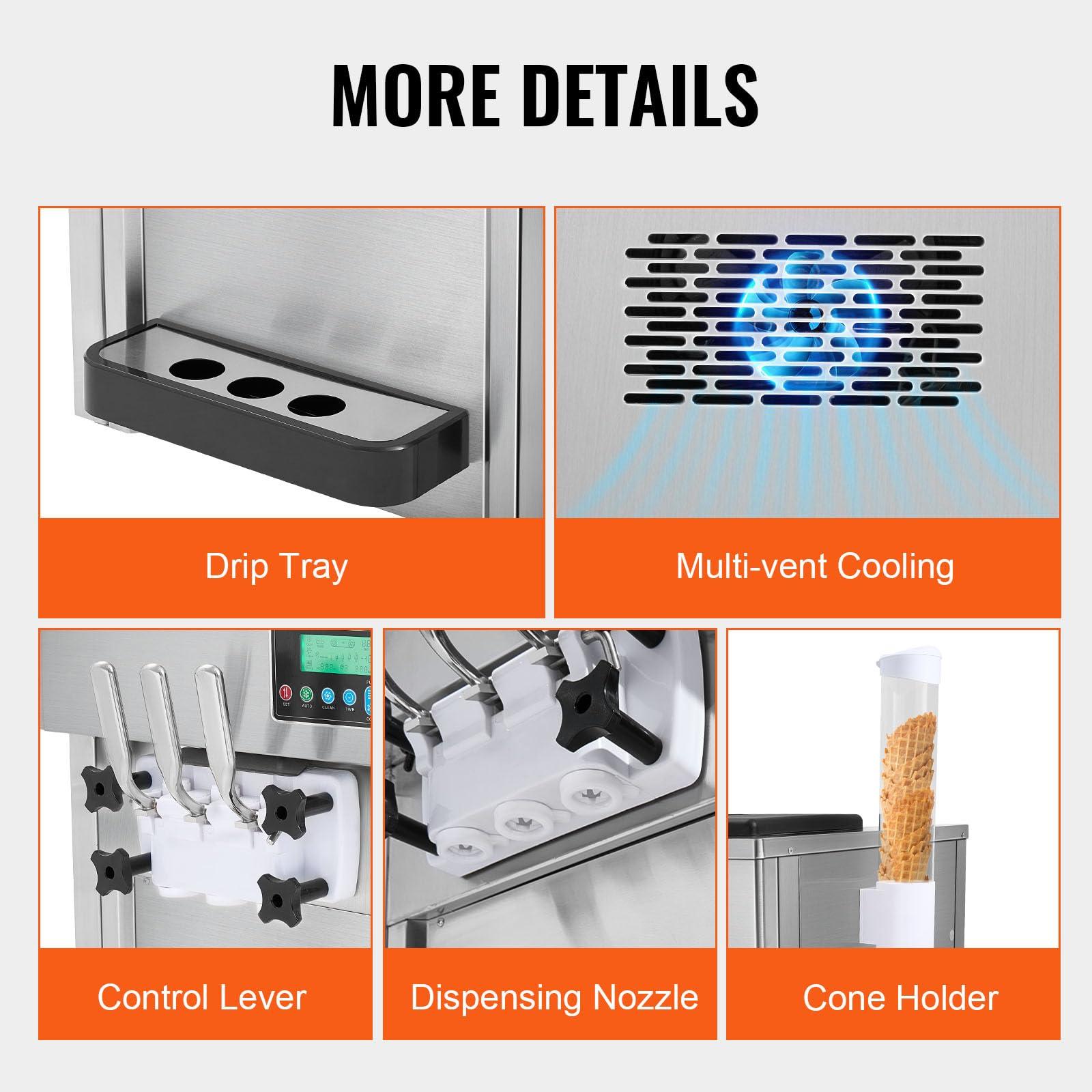 VEVOR VEVOR Commercial Ice Cream Machine, 21 QT/H Yield, 1800W 3-Flavor Countertop Soft Serve Ice Cream Maker, 2 x 4L Hopper 2 x 1.8L Cylinder, LCD Panel Auto Clean Pre-cooling, for Restaurant Snack Bar