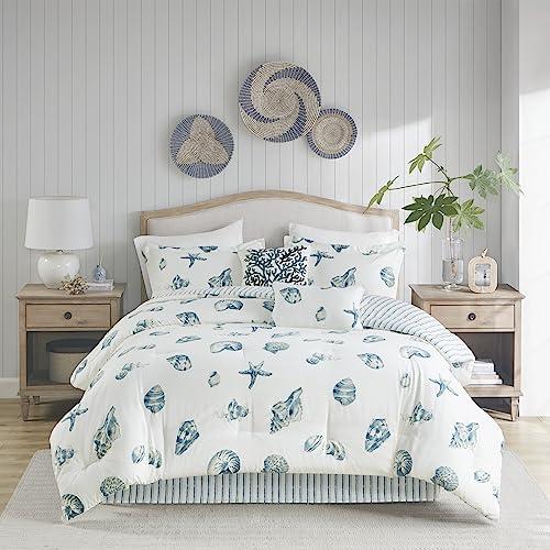 Harbor House Harbor House Cozy Cotton Comforter Set - Coastal, All Season Down Alternative Casual Bedding with Matching Shams, Decorative Pillows, Beach House, Reversible Seashell Blue Twin(72"x90") 3 Piece