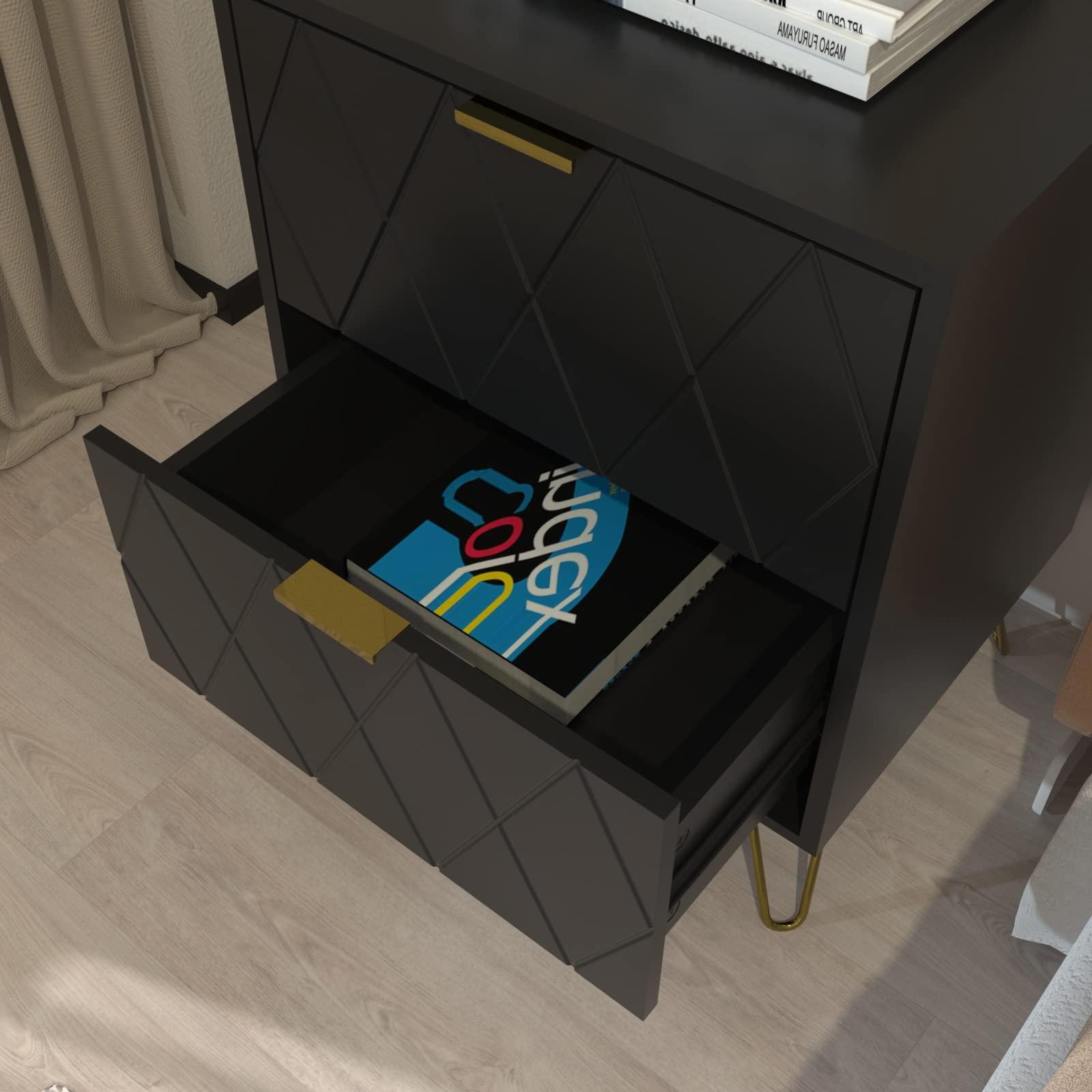 Anbuy Anbuy Black Nightstand Set of 2 with Gold Handle, Bedside Table with 2 Drawers, Night Stands Set of 2 Gold Legs for Bedroom Living Room