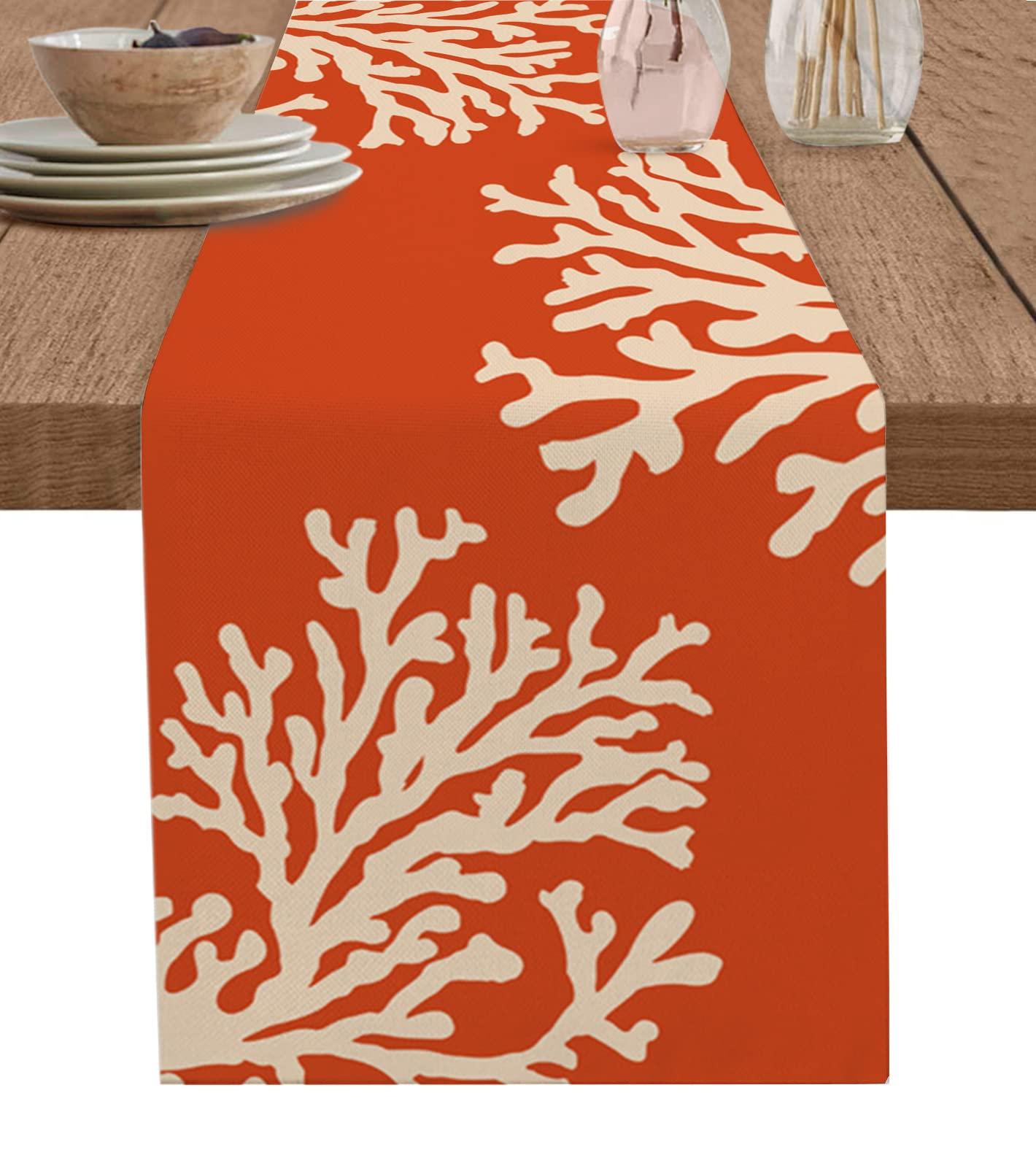 RisQiten RisQiten Orange Coral Table Runner - 60 Inch Long Coastal Summer Beach Nautical Seaside Cotton and Linen Blended Dress Scarves Farmhouse Table Runner for Kitchen Dining, Coffee Table, 13\" x 60\"