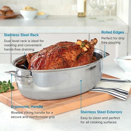 Viking Culinary Viking Culinary 3-Ply Stainless Steel Oval Roasting Pan, 8.5 Quart, Includes Metal Induction Lid & Rack, Dishwasher, Oven Safe, Works on All Cooktops including Induction