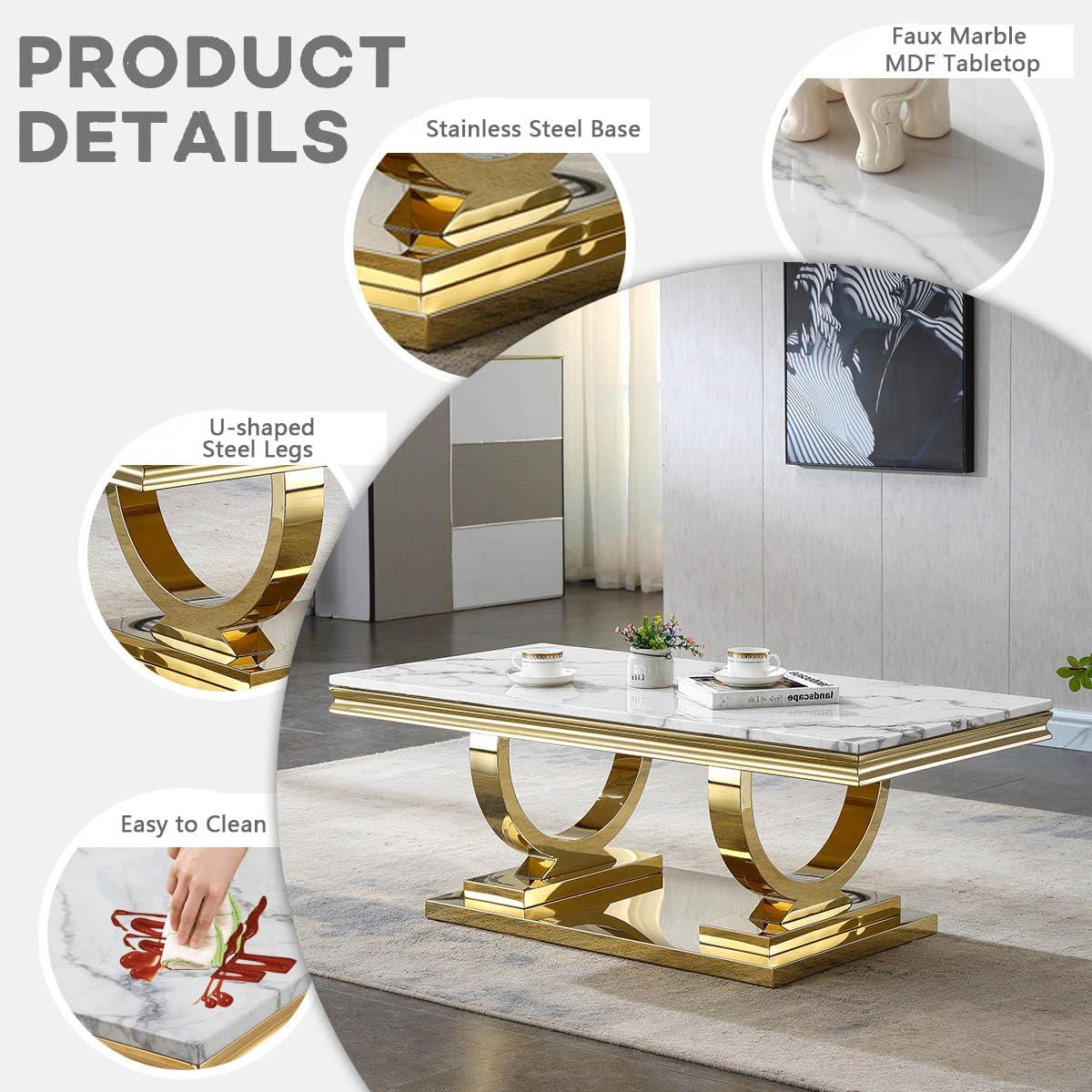 SSLine Marble Coffee Table Set of 2,2 Piece Coffee Table Sets for Living Room,Faux Marble Coffee Table and End Table with Wood Tabletop and Stainless Steel Frame (Gold2)