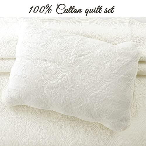 Cozy Line Home Fashions Cozy Line Home Fashions Victorian Medallion Solid Ivory Embossed 100% Cotton Bedding Quilt Set,Coverlet,for Bedroom/Guest Room (Blantyre - Ivory, Twin - 2 Piece)