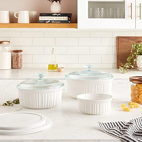 CorningWare CorningWare French White 7-Pc Ceramic Bakeware Set with Lids, Chip and Crack Resistant Stoneware Baking Dish, Microwave, Dishwasher, Oven, Freezer and Fridge Safe