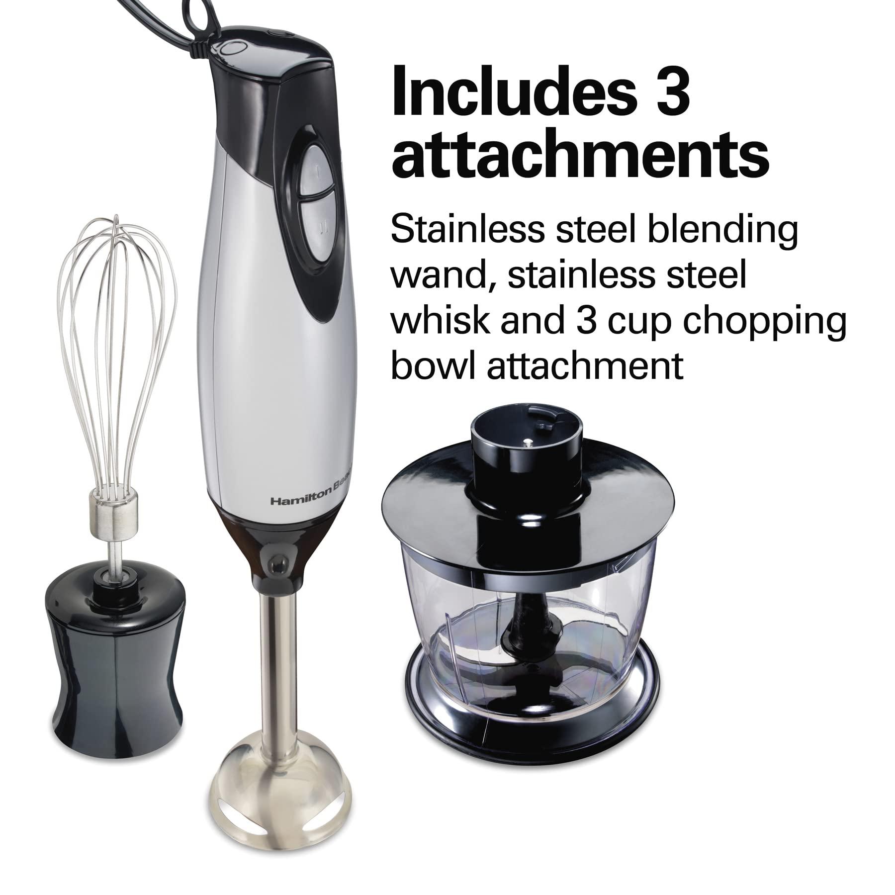 Hamilton Beach Hamilton Beach 4-in-1 Electric Immersion Hand Blender with Handheld Blending Stick, Whisk + 3-Cup Food & Vegetable Chopper Bowl, 2-Speeds, 225 Watts, Silver and Stainless Steel (59765)