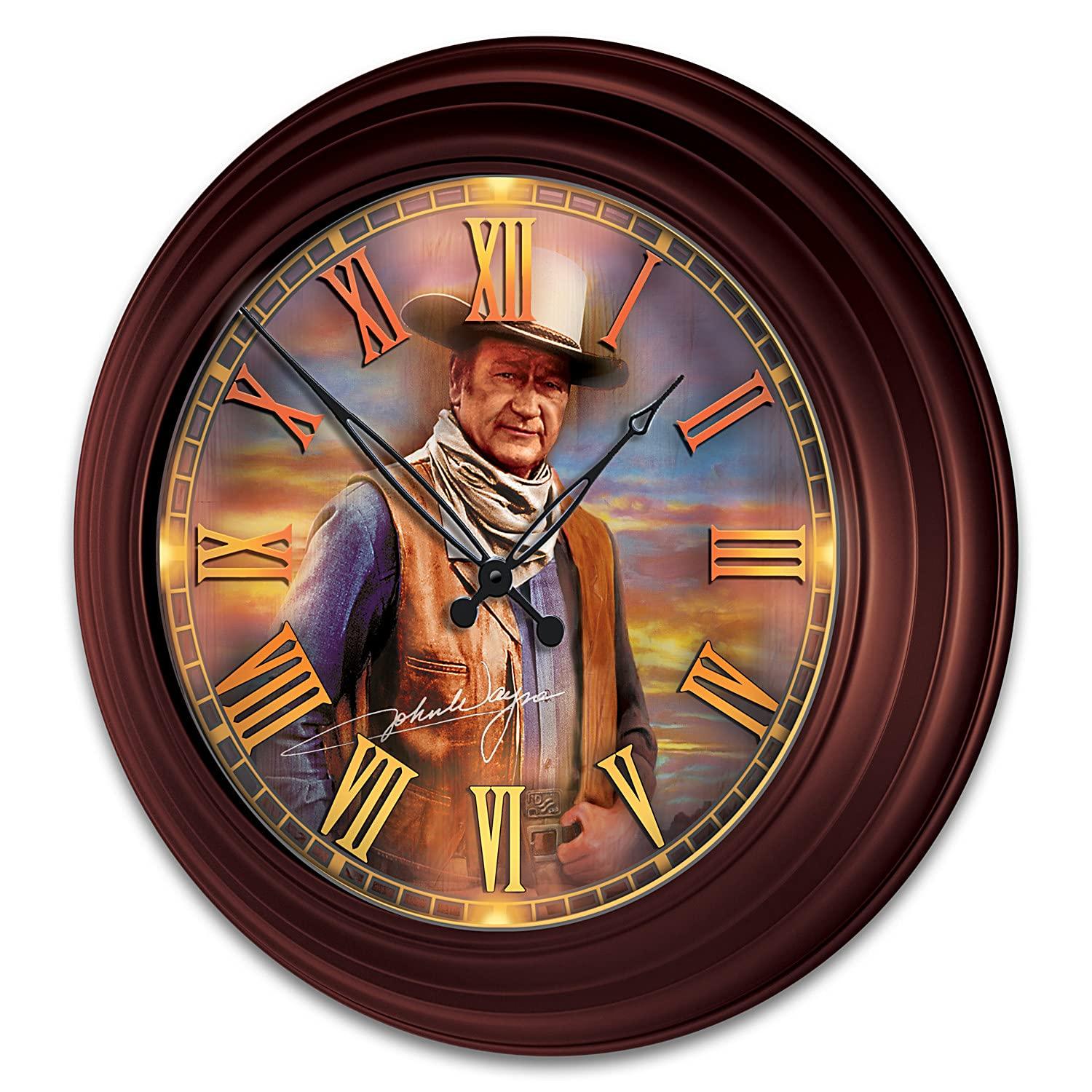The Bradford Exchange John Wayne: Timeless Legend Outdoor Illuminated Atomic Wall Clock Featuring A Glass-Encased Face with Roman Numerals & The Duke's Replica Signature