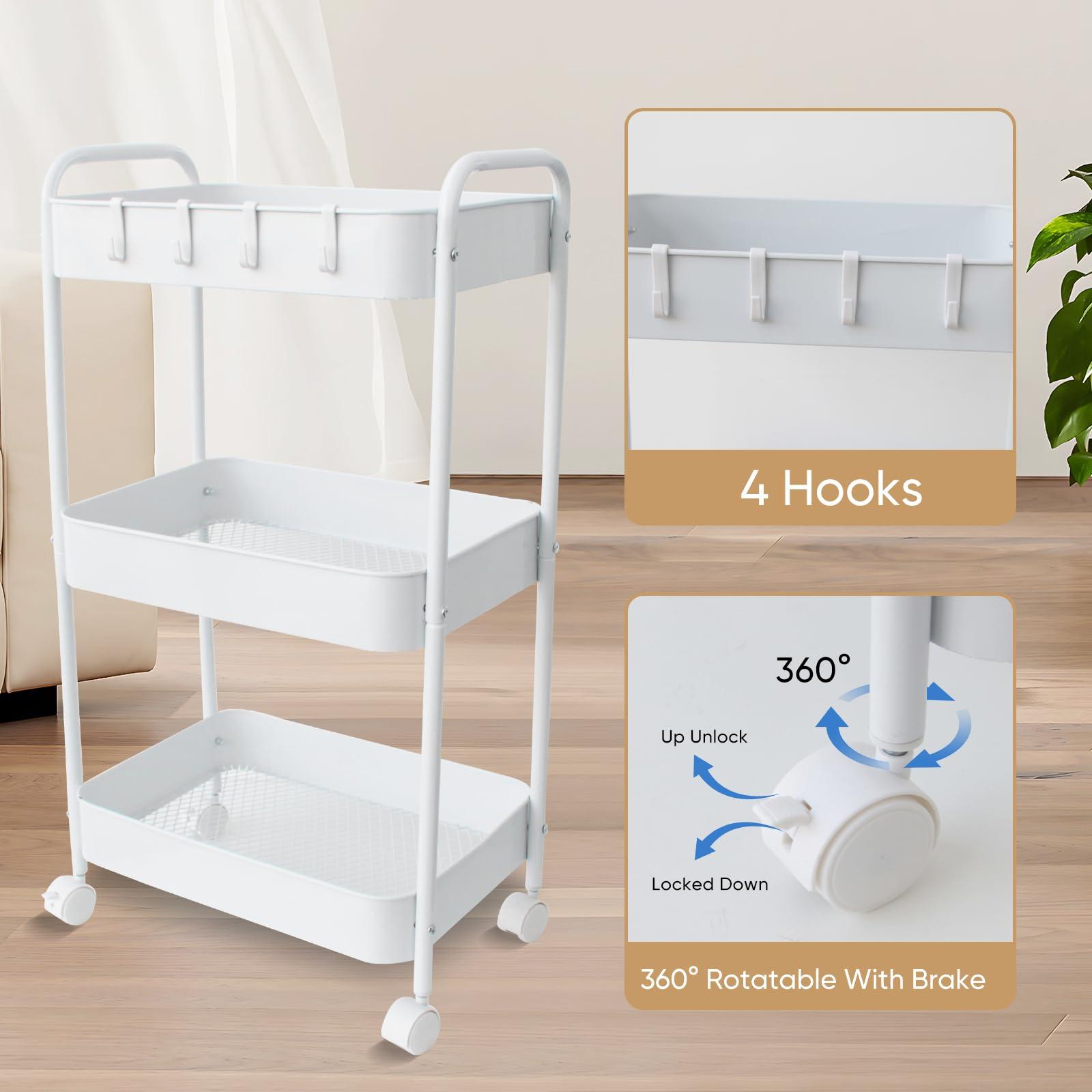 Ufriandz Ufriandz Metal Utility Cart with Wheels, Three Tier Rolling Cart Storage Organizer Trolley with Handle, Heavy Duty Mobile Shelving Units for Kitchen Home Laundry Office Art Bedroom Salon, White