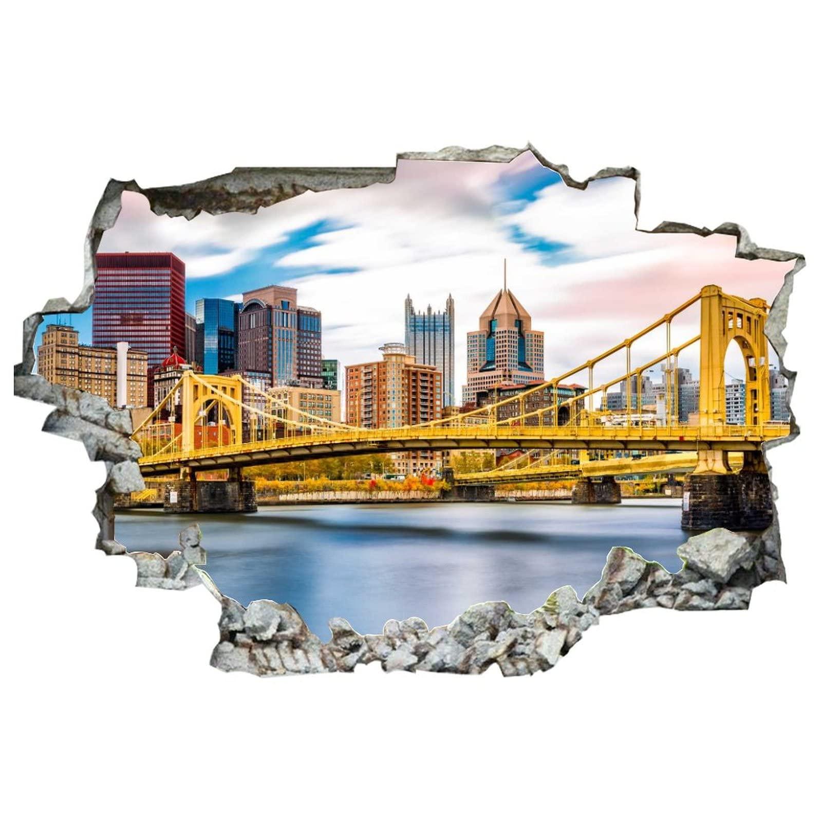 HIGOSS 3D Broken Wall Stickers Stickers The Rachel Carson Bridge Crosses The Allegheny River in Pittsburgh, Pennsylvania 36 x 24 Inch Removable Wall Decal, Peel and Stick Landscape Wall Decor for Bedroom Li