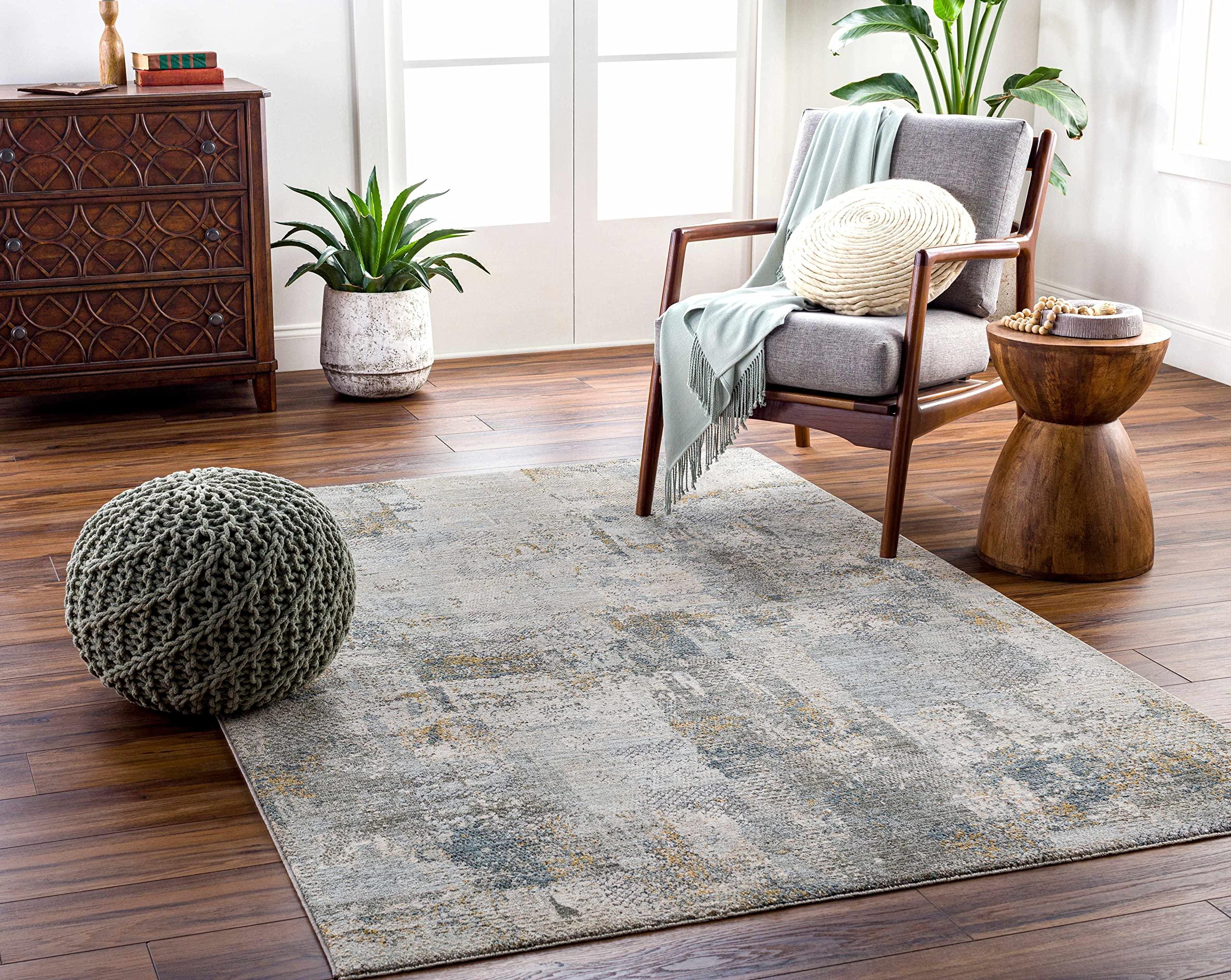 Hauteloom Hauteloom Elina Living Room, Bedroom Area Rug - Modern Abstract Boho Farmhouse - Contemporary Faded Distressed Carpet - Green, Gray, Brown - 5'3"-Round