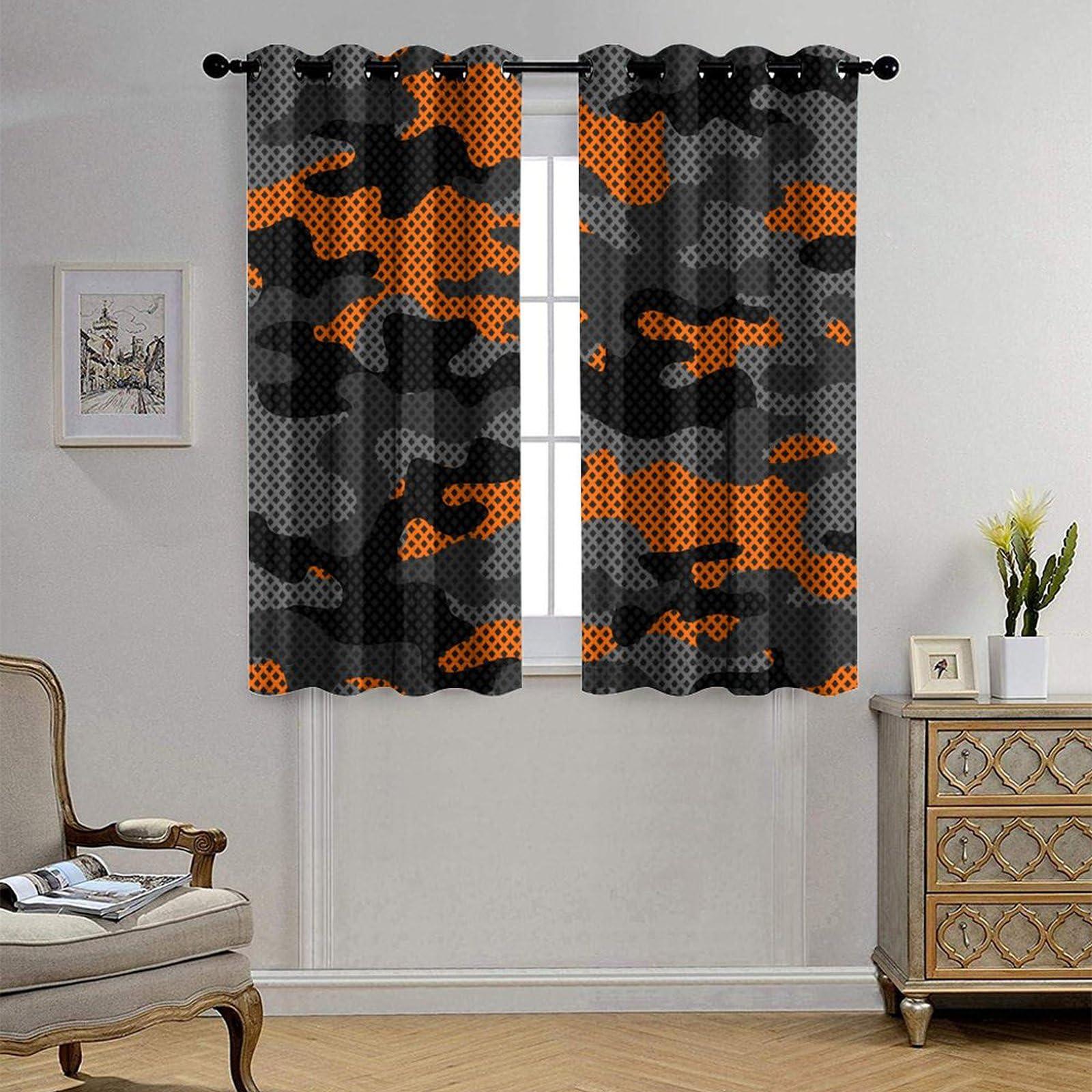 JretailAx Abstract Orange Black Grey Camo Curtains - Modern Hunting Theme Military Room Decor Army Camouflage Window Treatment,Energy Saving Thermal Insulated Grommet Top Blackout Curtains 84L x 42W,2 Panels