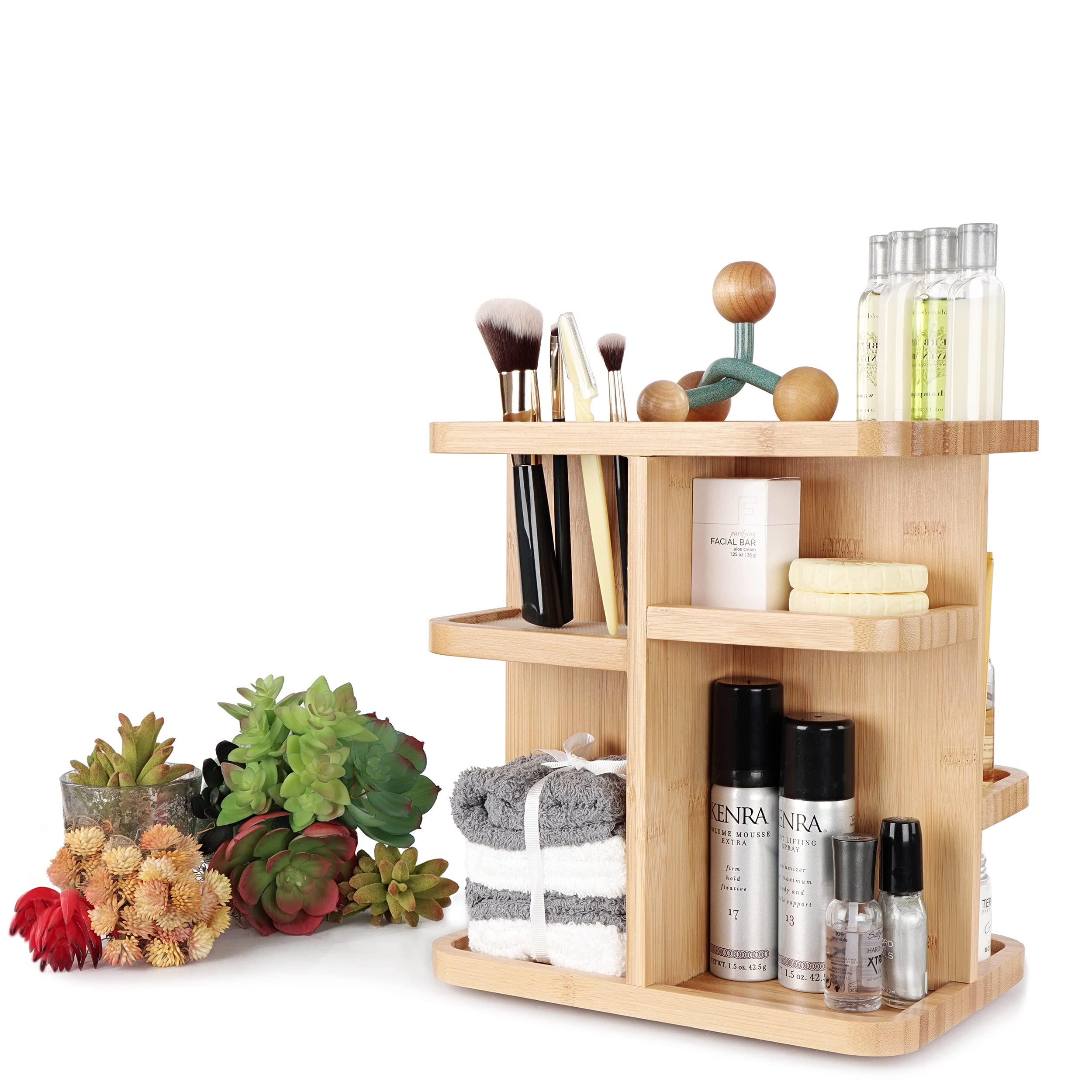 7Penn 7Penn Bathroom Cosmetic Organizer Countertop Rotating Makeup Display - 11in Bamboo Bathroom Tower Shelf 2 Tier Organizer