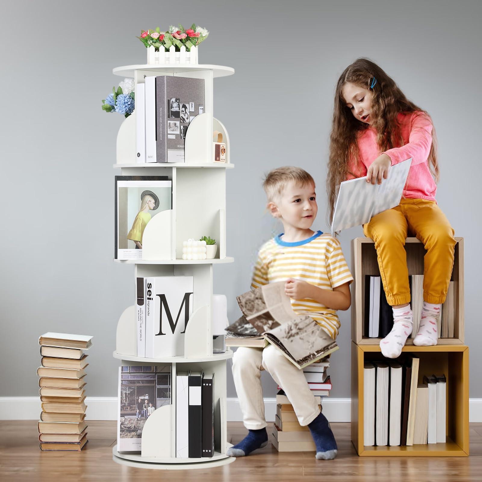 Makamsui Makamsui Rotating Bookshelf, 4 Tier Rotating Bookshelf Tower Floor Standing Bookcase, Small Corner Bookshelf Storage Rack for Small Space, Wood Narrow Book Shelf Organizer for Bedroom, Living Room Wh