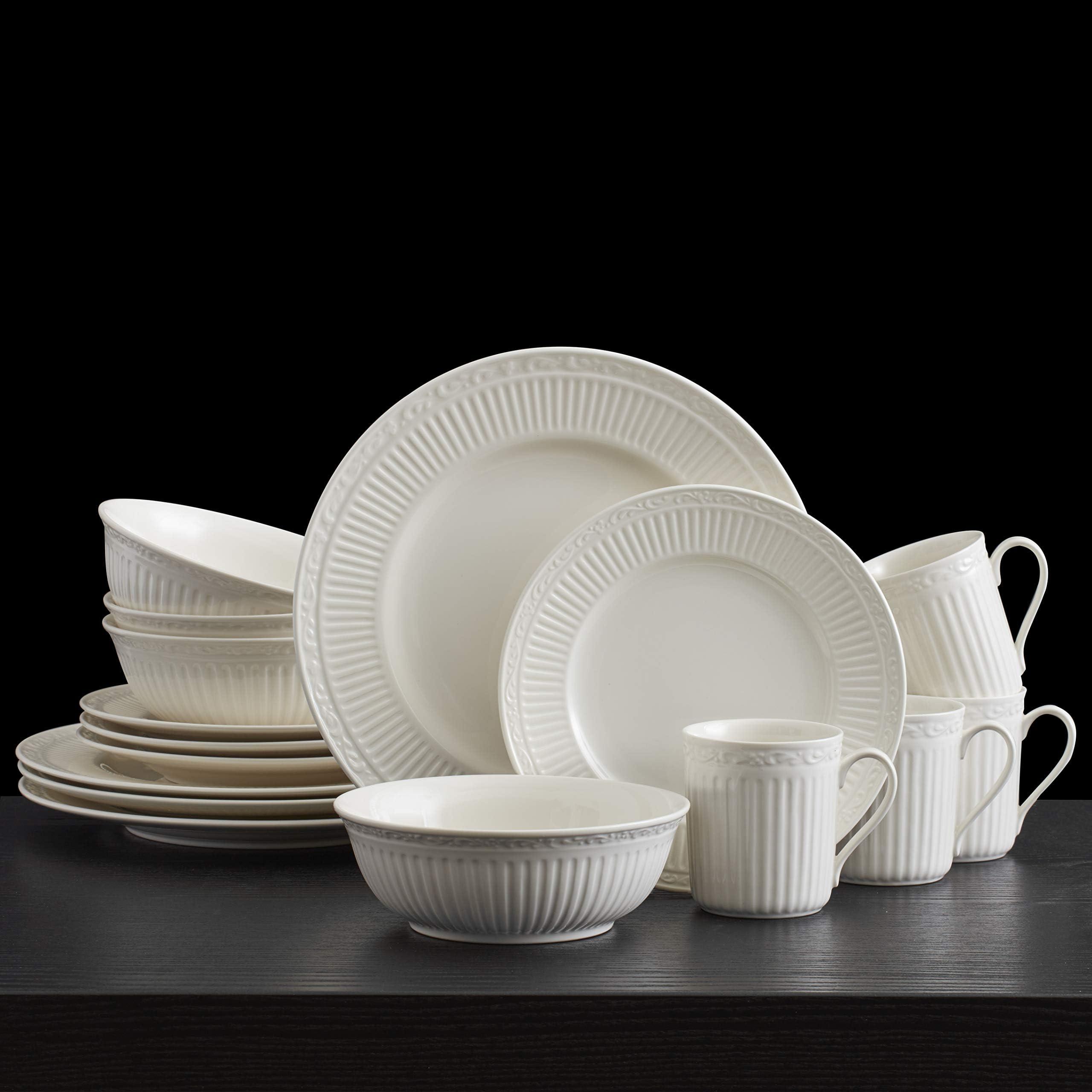 Mikasa Mikasa Italian Countryside 16-Piece Dinnerware Set - Classic White Porcelain with Fluted Bands, Service for 4 - Dinner Plates, Salad Plates, Bowls, and Mugs, Microwave & Dishwasher Safe
