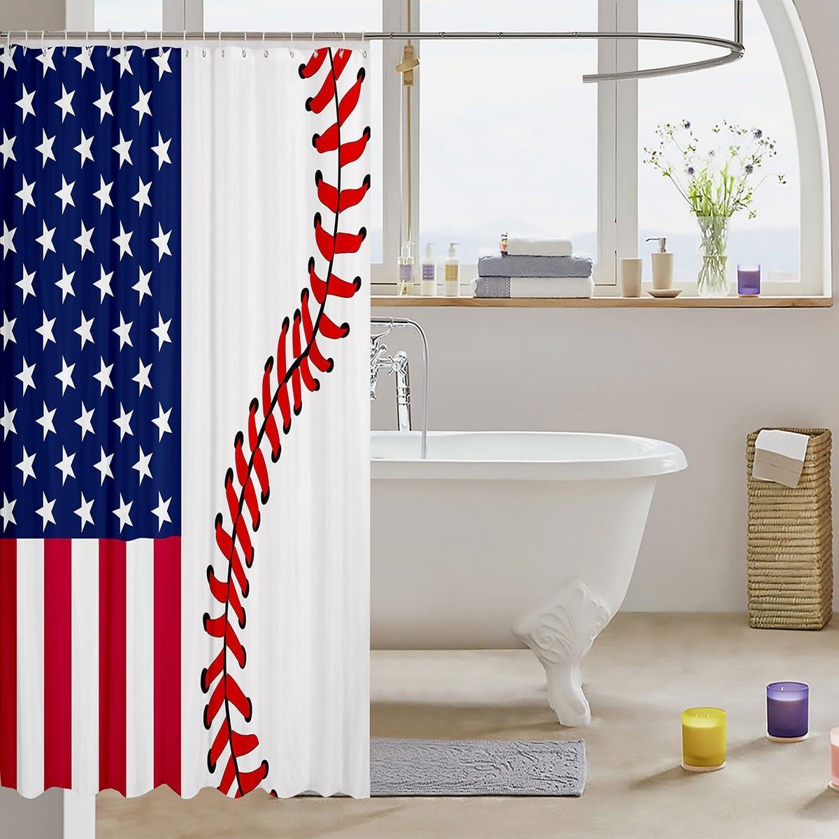 Homewish American Flag Shower Curtains,Abstract Baseball Bathroom Curtains for Kids Teens Adult,Ball Games Waterproof Bath Curtains,with 12 Hooks Suits for Bathtub, 72\" W x 78\" L,Red and White