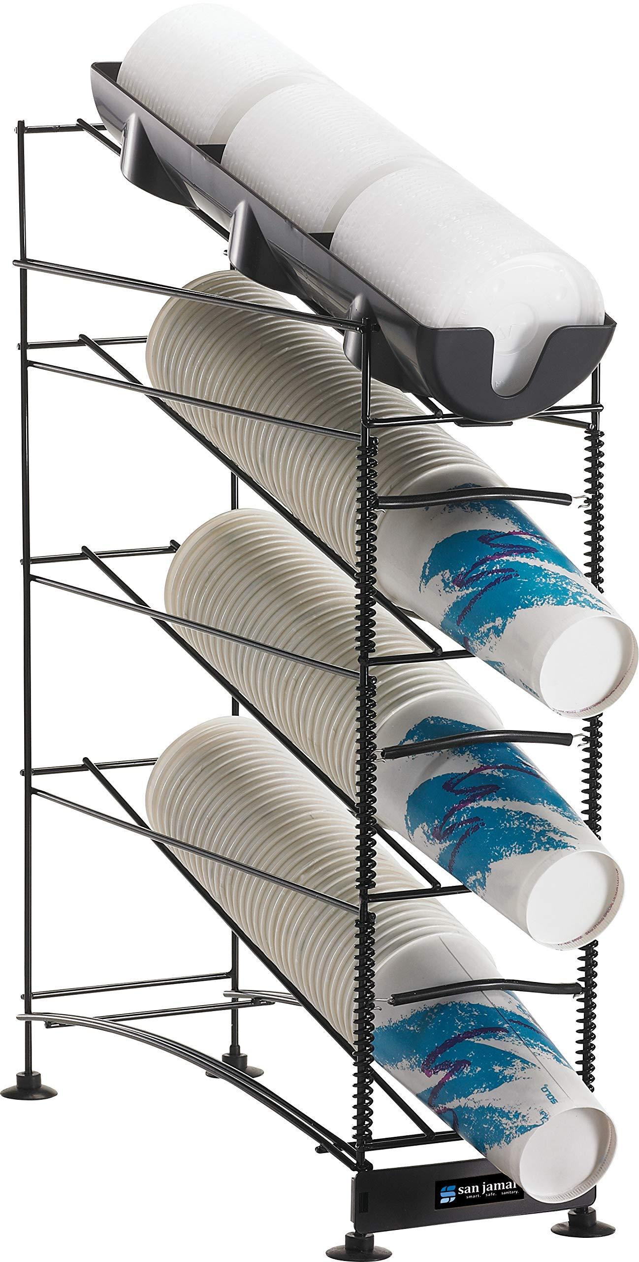Carlisle Paddles San Jamar Wireworks Cup and Lid Dispenser Fits 8 - 44 Oz. Cups, 4 Tiers with Suction Cup Feet for Restaurants, Fast Food, And Kitchens, Plastic, 8.25 X 21.25 X 28 Inches, Black