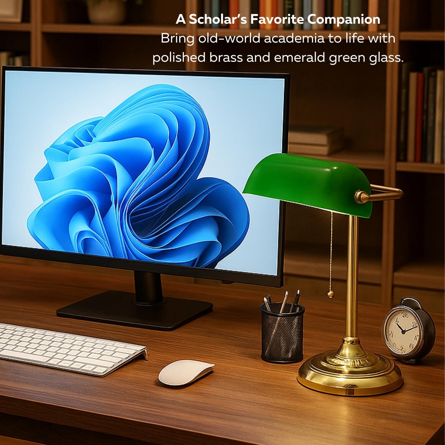 LIGHTACCENTS LIGHTACCENTS Traditional Bankers Desk Lamp with Green Glass Shade and Nickel Finish - Classic Study Light Perfect for Office and Home Workspace - Elegant Small Banker Lamp for Reading