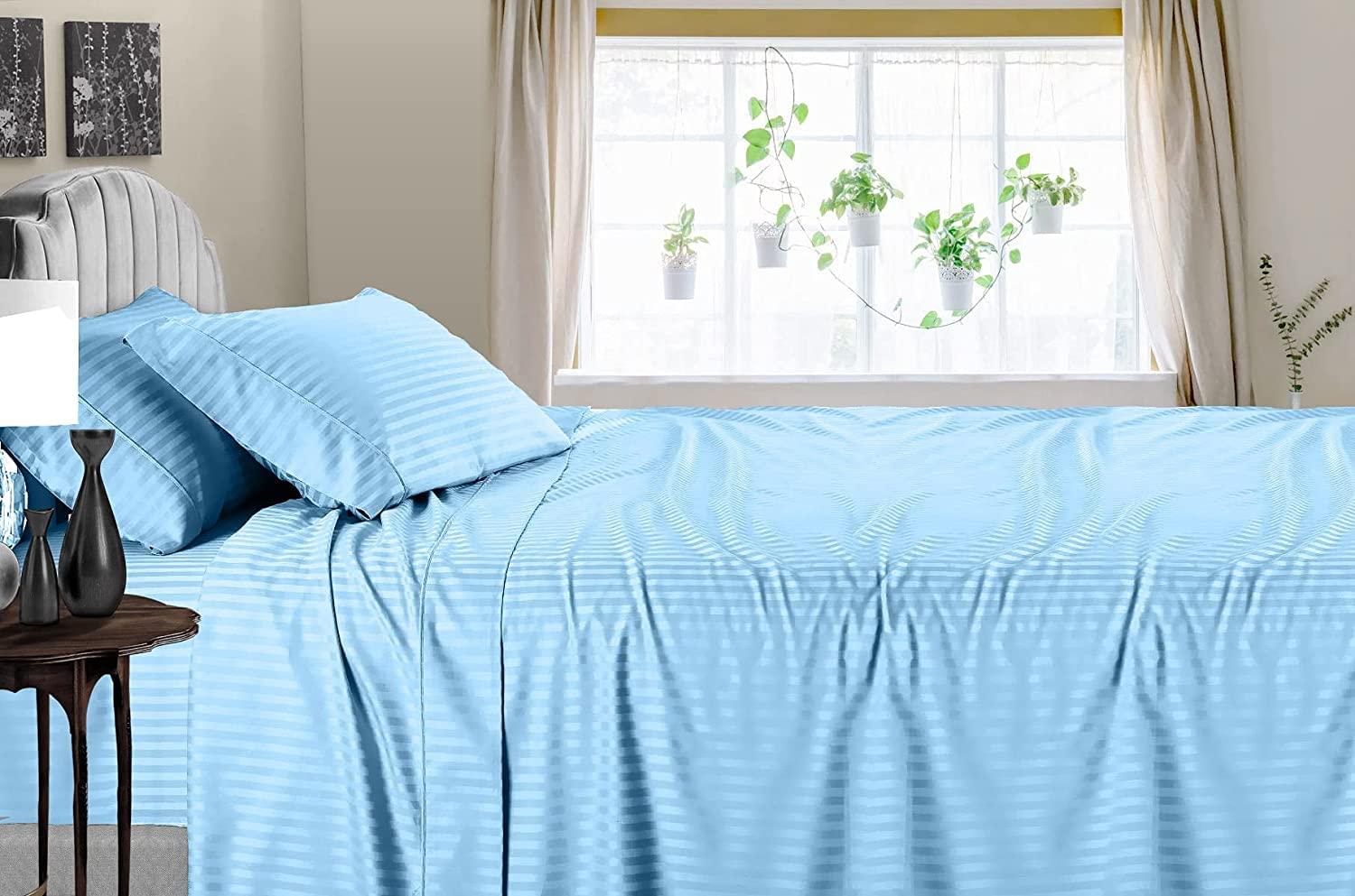 DIFFERENT SHEETING DIFFERENT SHEETING Cotton Sheets Set 4 Piece, 100% Egyptian Cotton 600 Thread Count, Fitted Sheets fitt Upto 15 Inch Deep Pocket, Crisp Cool and Strong Bed Linen Set- Light Blue Stripe Queen XL Size
