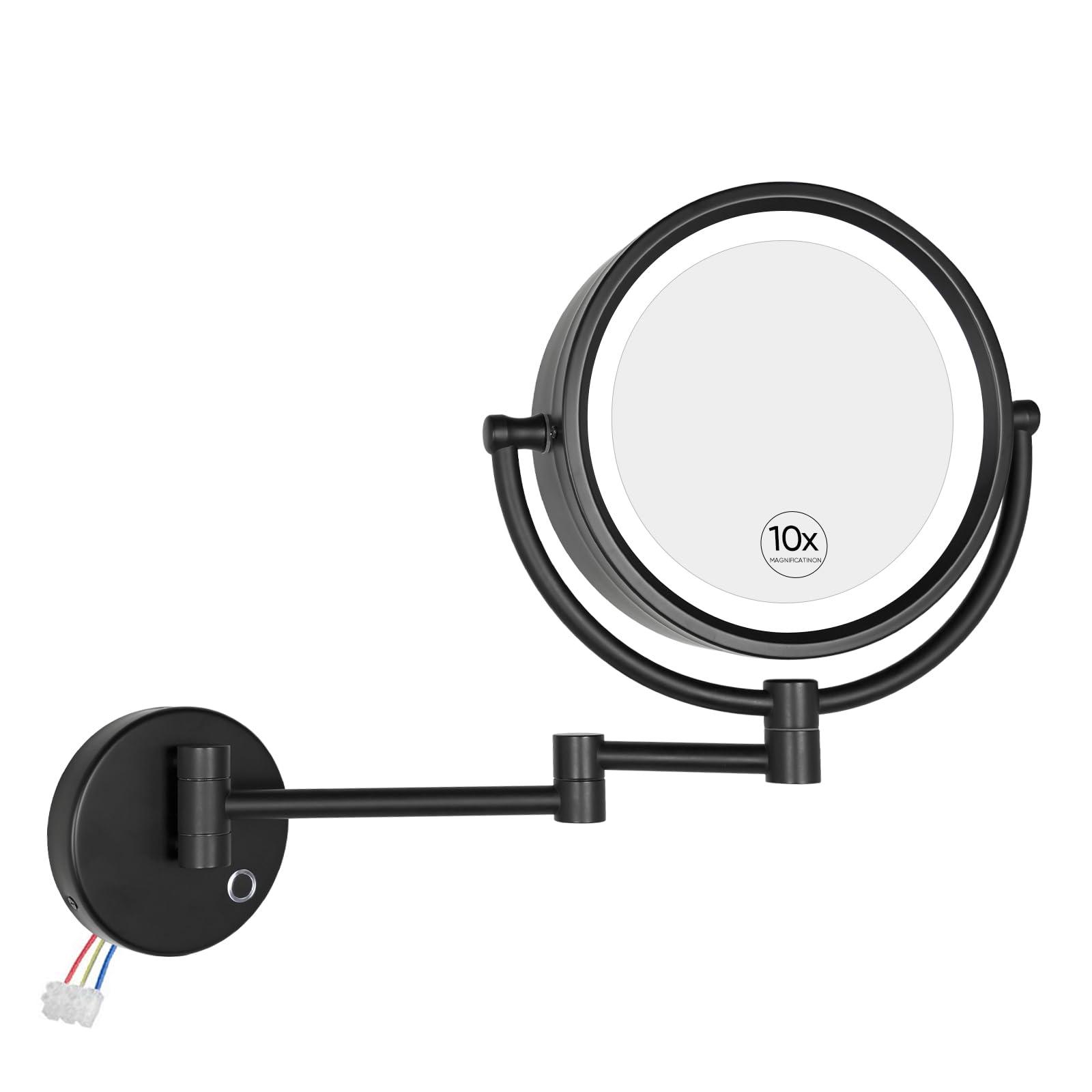 GURUN GURUN Wall Mounted Hardwired Makeup Mirror with 3 Tones LED Lights 10x Magnifying Mirror for Bathroom Bedroom 13\" Extendable Arm Direct Wire Black Finish M1809DB(10x,Black)
