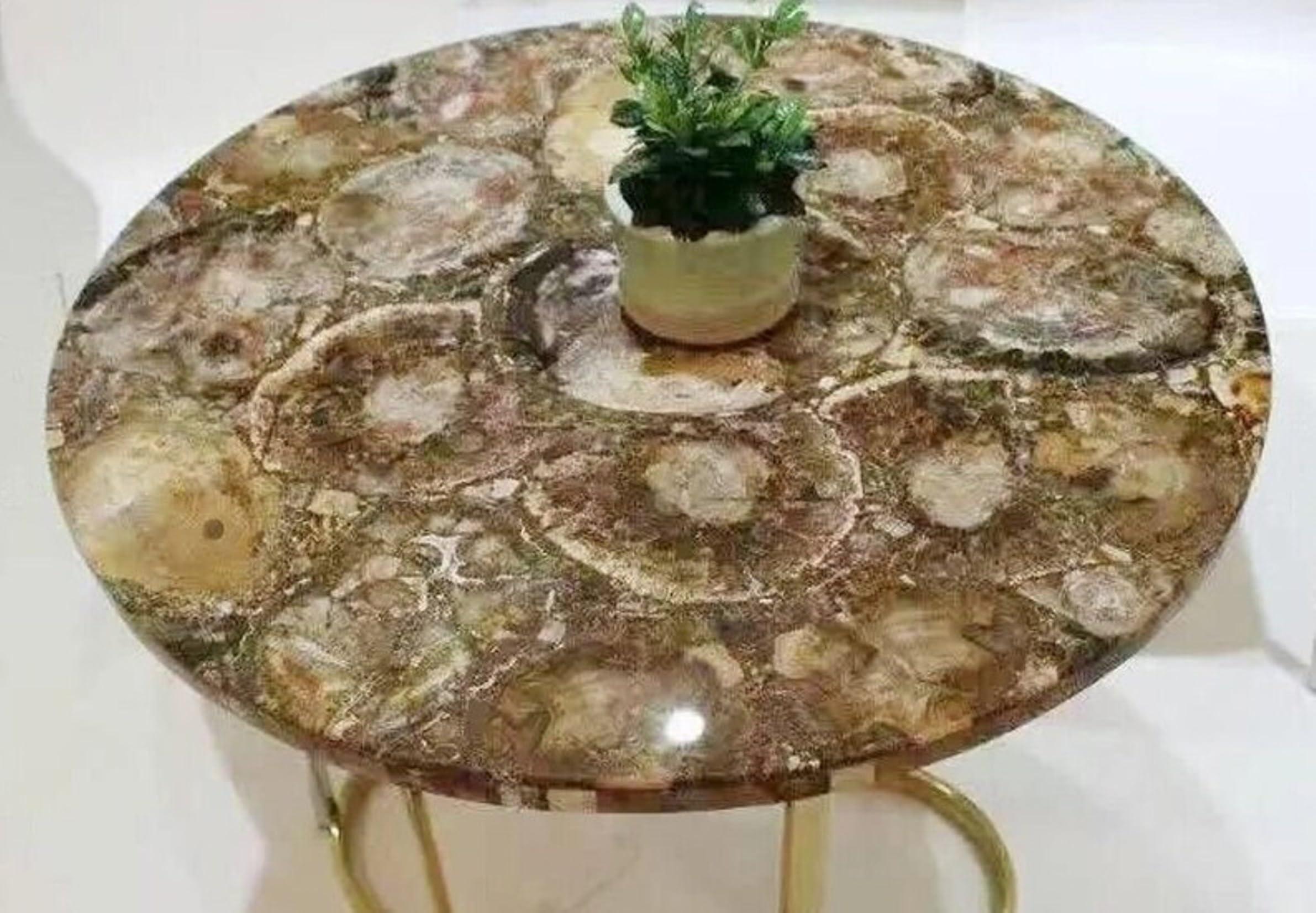 Generic Resin with Patio Side Table for Rooftop and Garden Decor Round Shape Brown Petrified Coffee Table Top 18 x 18 Inches
