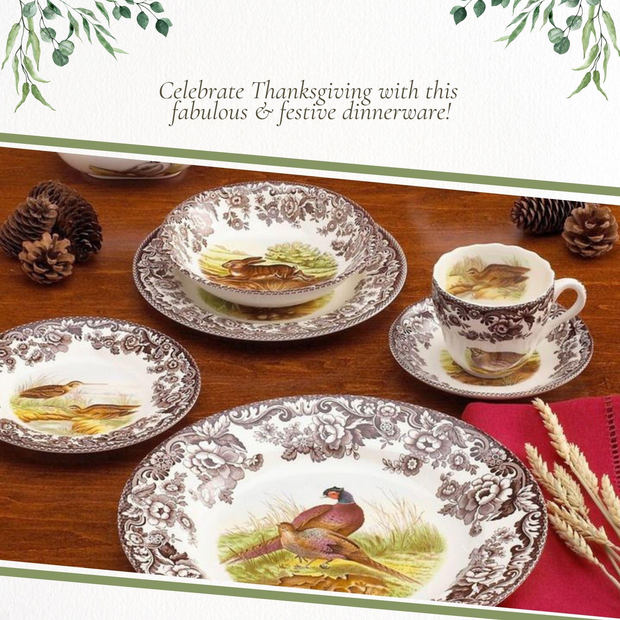 Spode Spode Woodland 5-Piece Thanksgiving Dinnerware Set - Porcelain Plates & Teacup and Saucer, Fall Dinnerware Collection - Microwave & Dishwasher Safe - Elegant Autumn Tableware