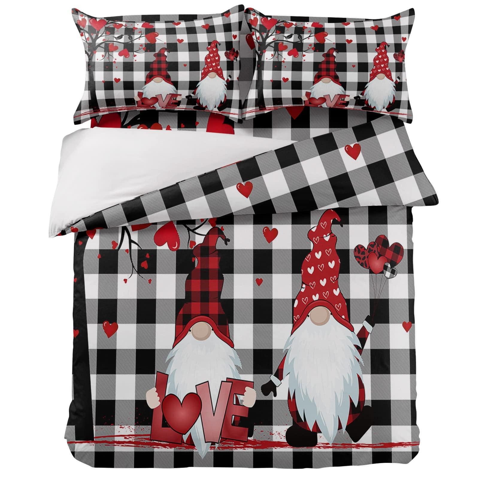 ZFUNCING Duvet Cover California King Size Bedding Set Valentines Love Heart Tree and Gnomes 4 Pieces Microfiber Comforter Cover Soft Duvet Covers Bed Sheet Pillow Cases for Bedroom Retro White Black Lattice