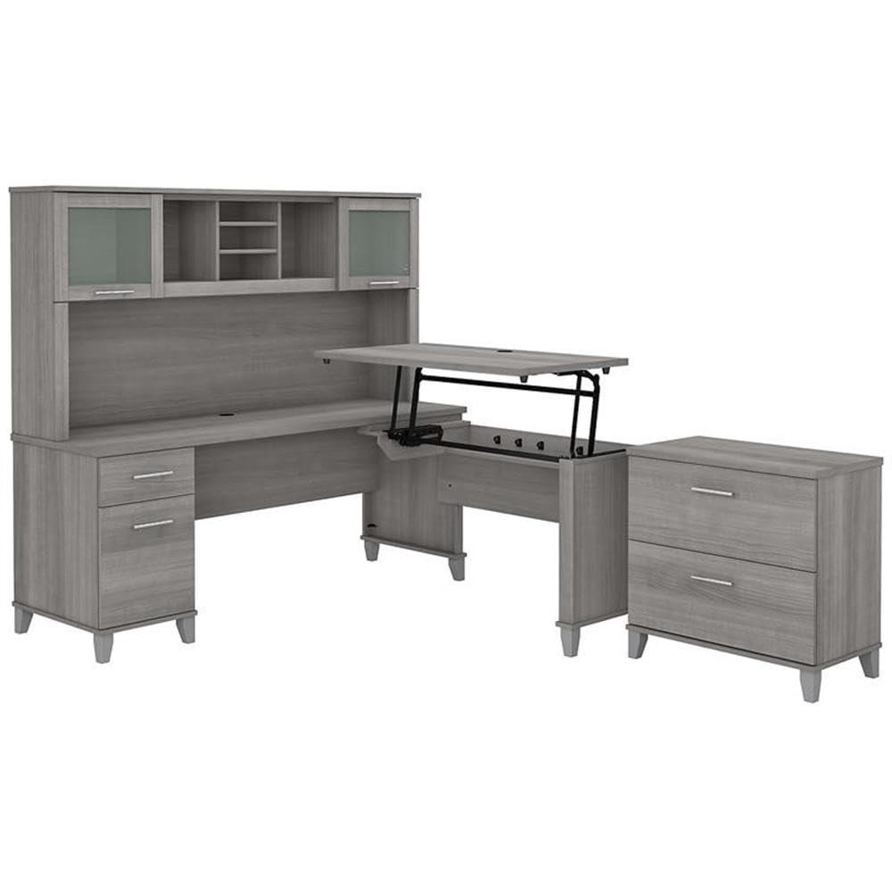 Bush Furniture Bush Furniture Somerset 72W 3 Position Sit to Stand L Shaped Desk with Hutch and File Cabinet in Platinum Gray