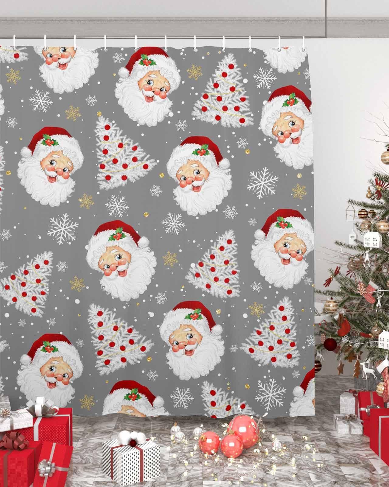 Vandarllin Grey Christmas Shower Curtain, Santa Claus Merry Christmas Tree Shower Curtains Set with Hooks, Winter Snowflake Waterproof Fabric Bathroom Curtains Decor Home Accessories,72 X 84 Inch Extra Long