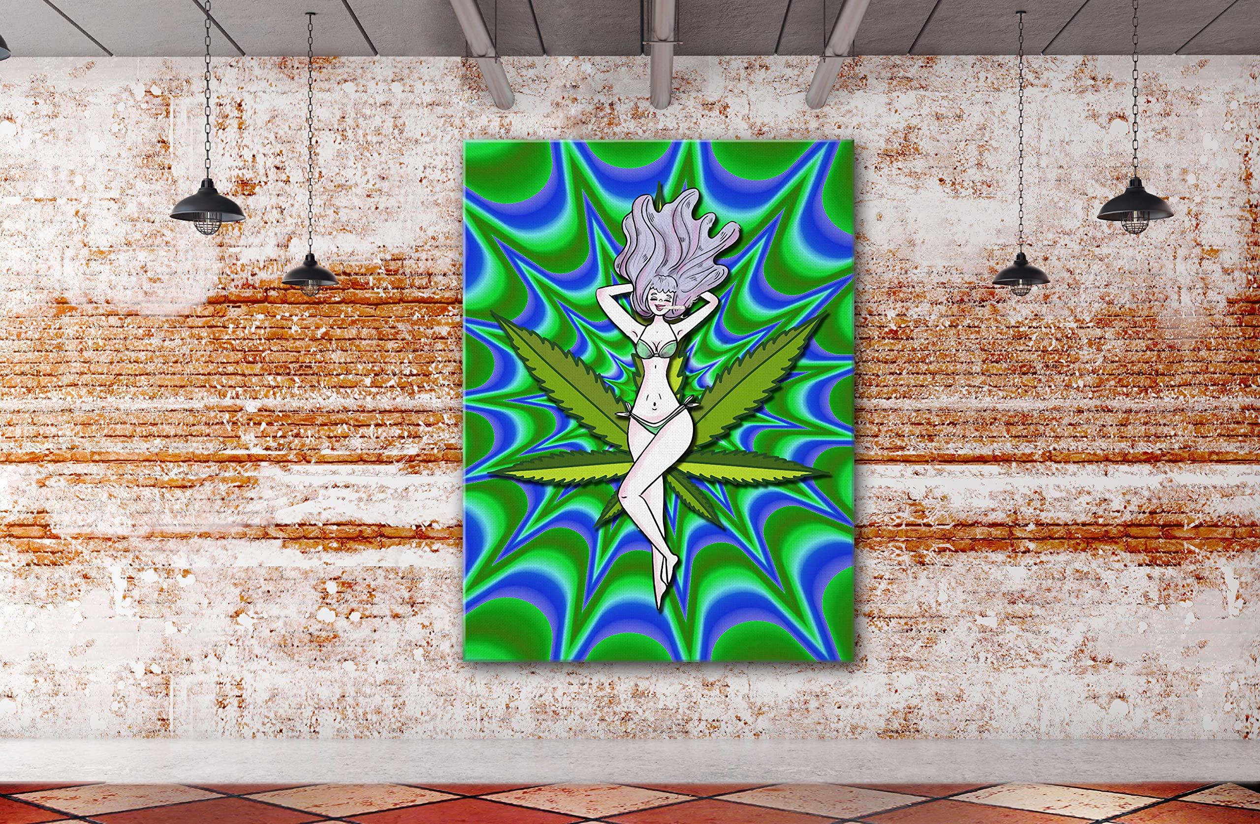 SpiritualHands SpiritualHands Trippy Room Decor, Stoner Room Decor, Hippie Art, Stoner Pothead Poster Framed Canvas (Stoned in Bikini, 40\" x 60\" - Ready to Hang)