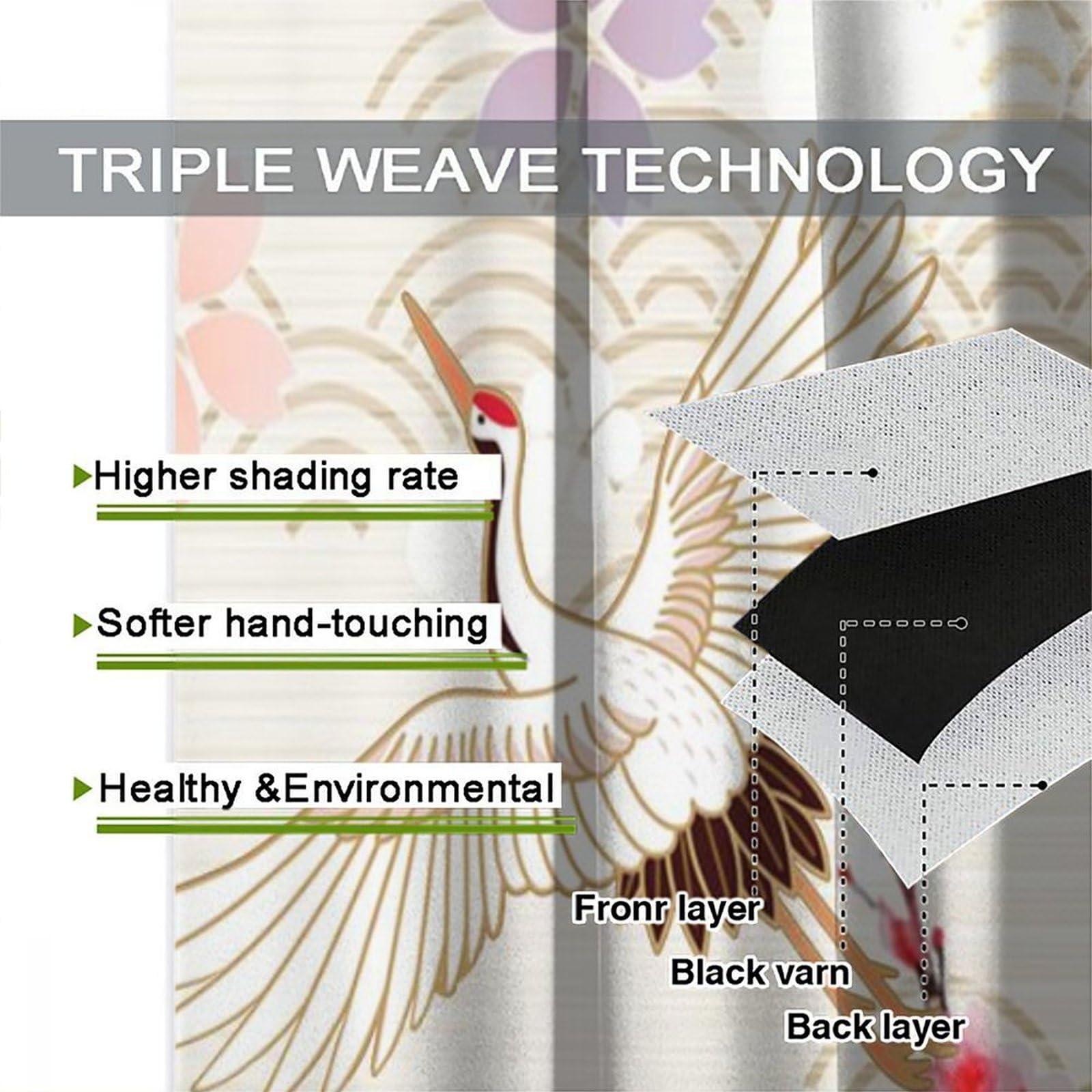 QYUNZS QYUNZS Asian Curtains Japanese Crane Cherry Flowers Art Printed Rod Pocket Blackout Window Drapes for Bedroom Living Room Kitchen Decor Fabric 2 Panel W42xL84in