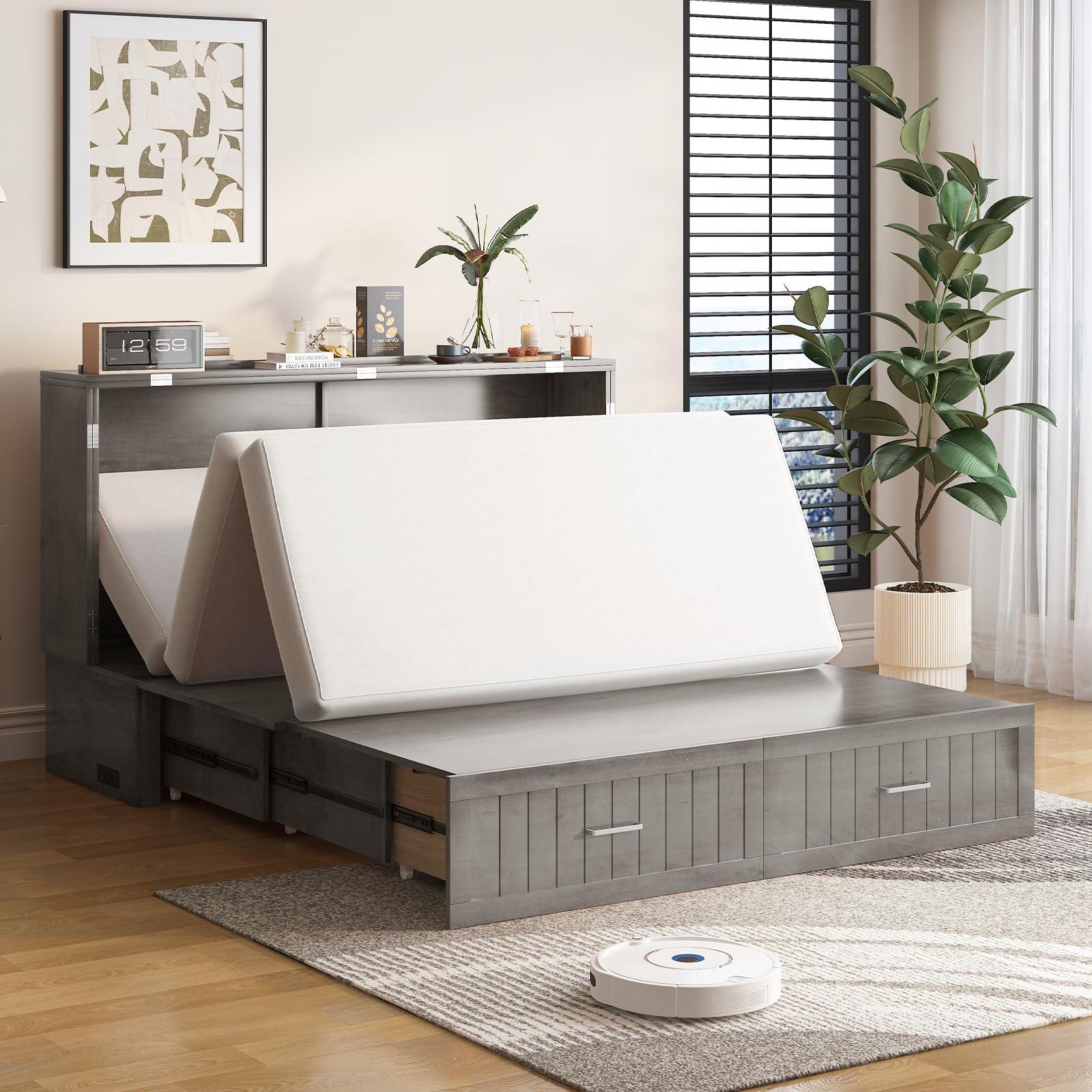 BALUS BALUS 64\" W Murphy Bed Cabinet with Mattress,Murphy Bed Queen,Modern Muti-Functional Cube Cabinet Bed 2 Large Drawers&3 Level Folding Foam Mattress for Living Room/Apartment/Loft (Stone Grey)