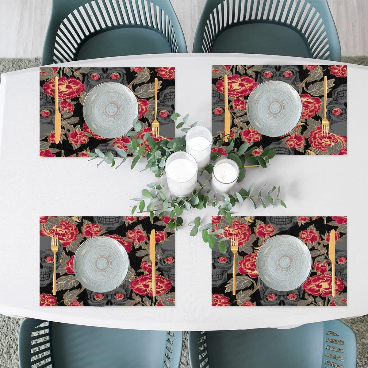 SEEKJOYS Placemats Creative Peony Prints Set of 4 12x18 Inch Stain Resistant Heat-Resistant Washable Durable PVC Table Mat for Home Decor Kitchen Table Skull Woven Vinyl Fall Placemats