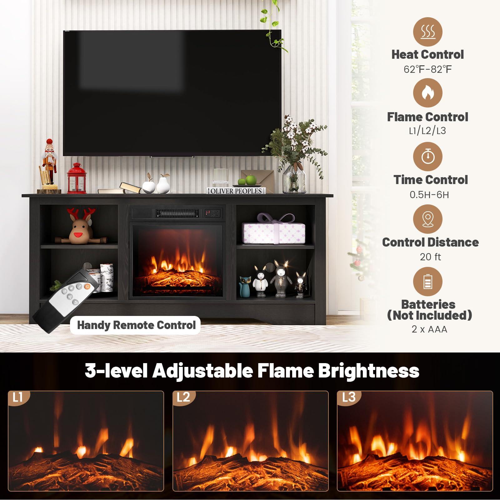 Tangkula Tangkula TV Stand with 18 Electric Fireplace, for Flat Screen TVs Up to 65 with Adjustable Shelves, Fireplace TV Cabinet with Remote Control, Thermostat & Adjustable Flame Brightness (Black)