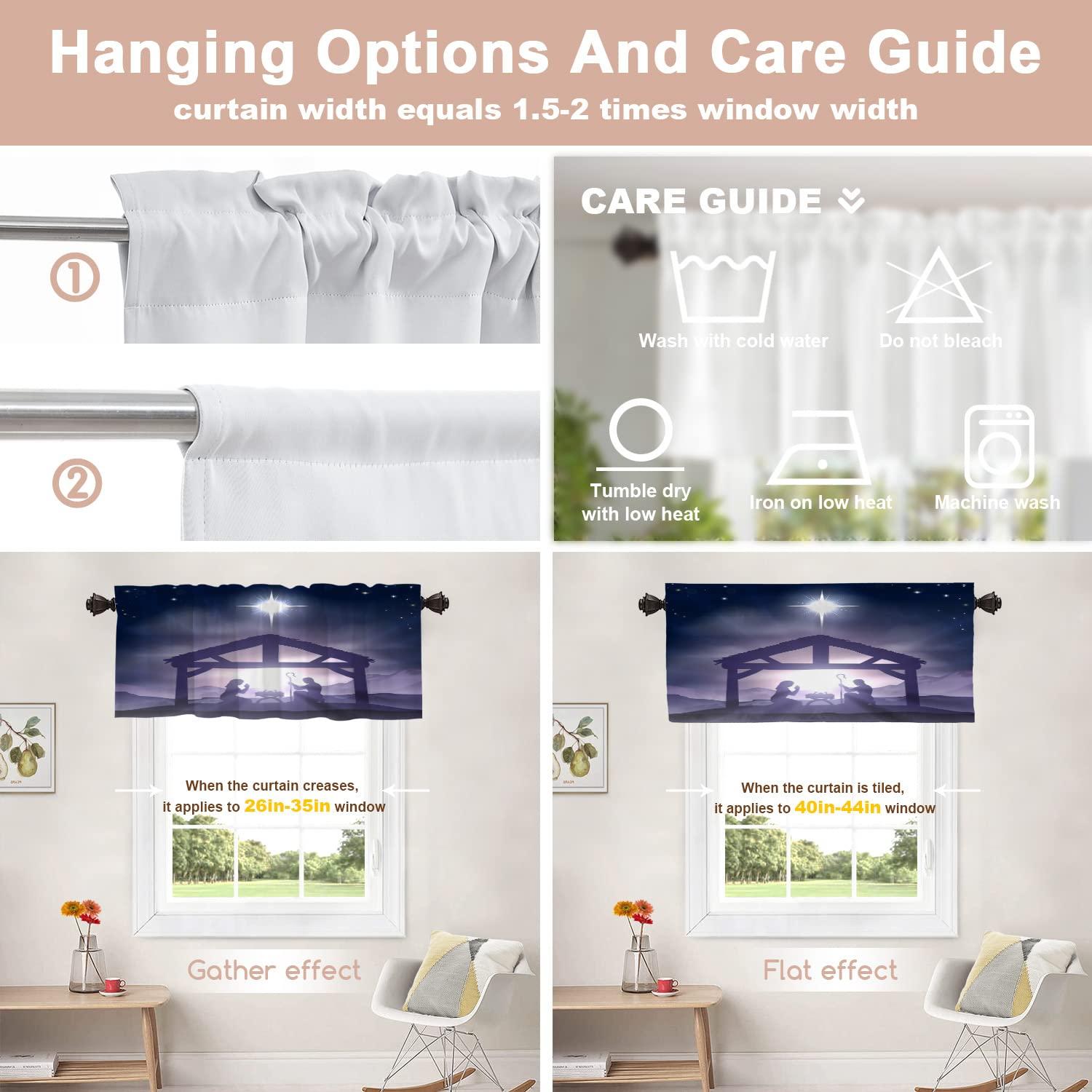 Shrahala Shrahala Christmas Kitchen Valances, Stars Baby in The Manger Half Window Curtain Window Treatment Multilayer Polyester Blackout for Living Room Bathroom 52 x 18 in