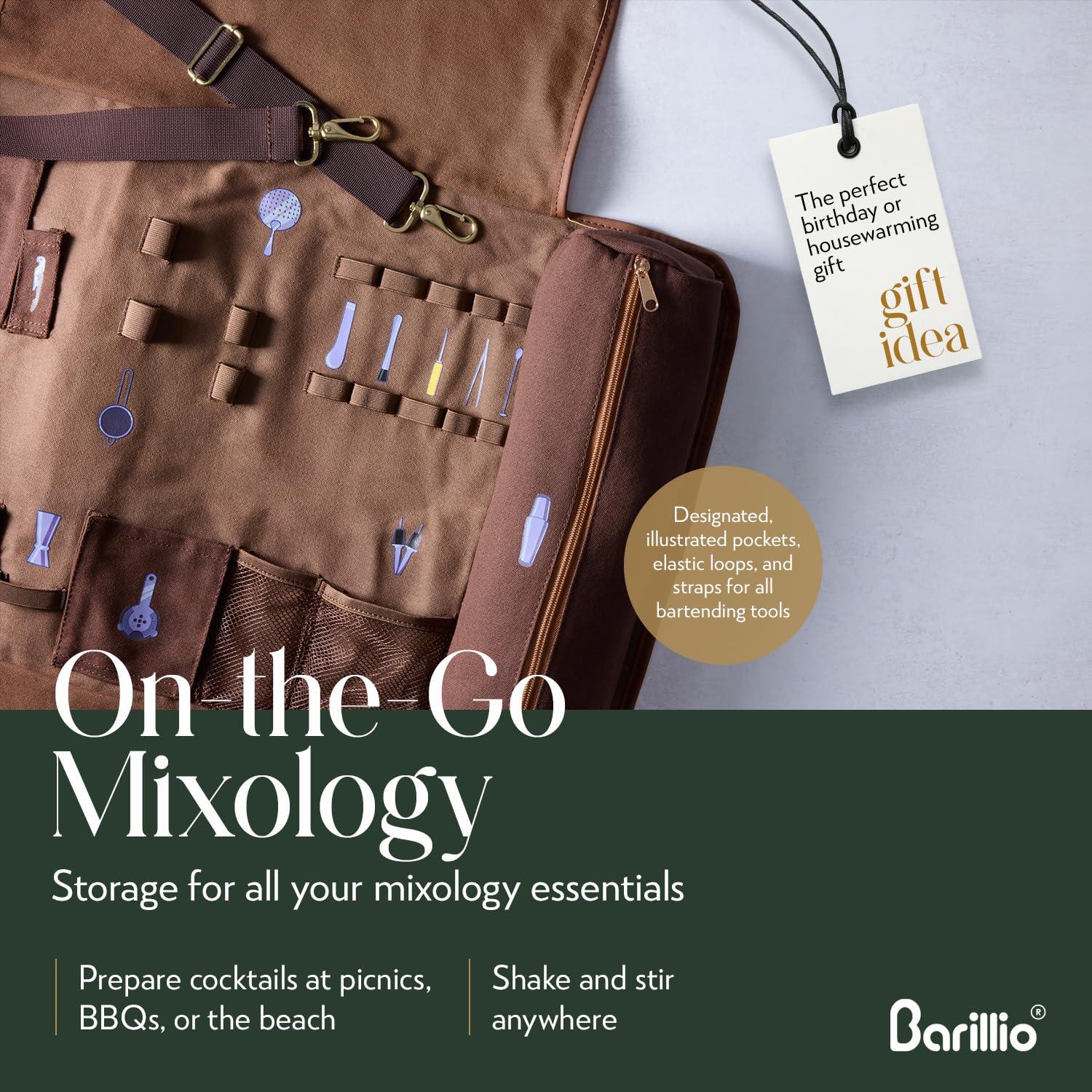 barillio Barillio Bartender Kit Bag with Cocktail Shaker Set - Waxed Canvas, Traveling Bar Tools Bag with 17-Pc Cocktail Kit - Travel Mixology Bartending Kits - Mobile Bar Bag with Strap & Accessories - Silver