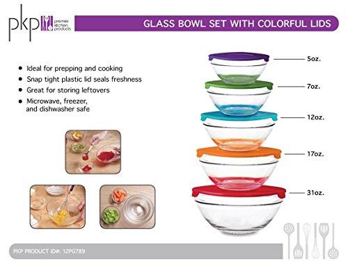 Premier Kitchen Products- PKP 10 Piece Glass Bowl Set with Plastic Lids (Microwave, Freezer and Dishwasher Safe) by PKP