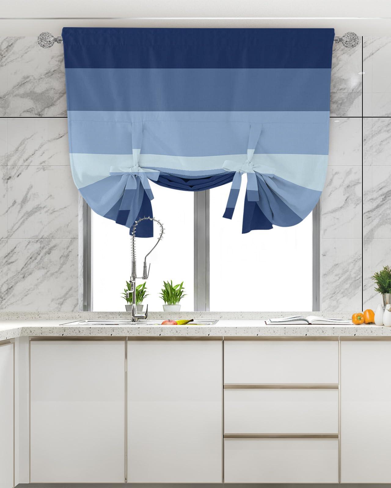 Singingin Singingin Tie Up Curtains Tie Up Window Shade, Navy Blue Gradient Stripes Adjustable Balloon Curtains Blackout Tie Up Curtains for Windows Rod Pocket Panel, 46" W x 63" L