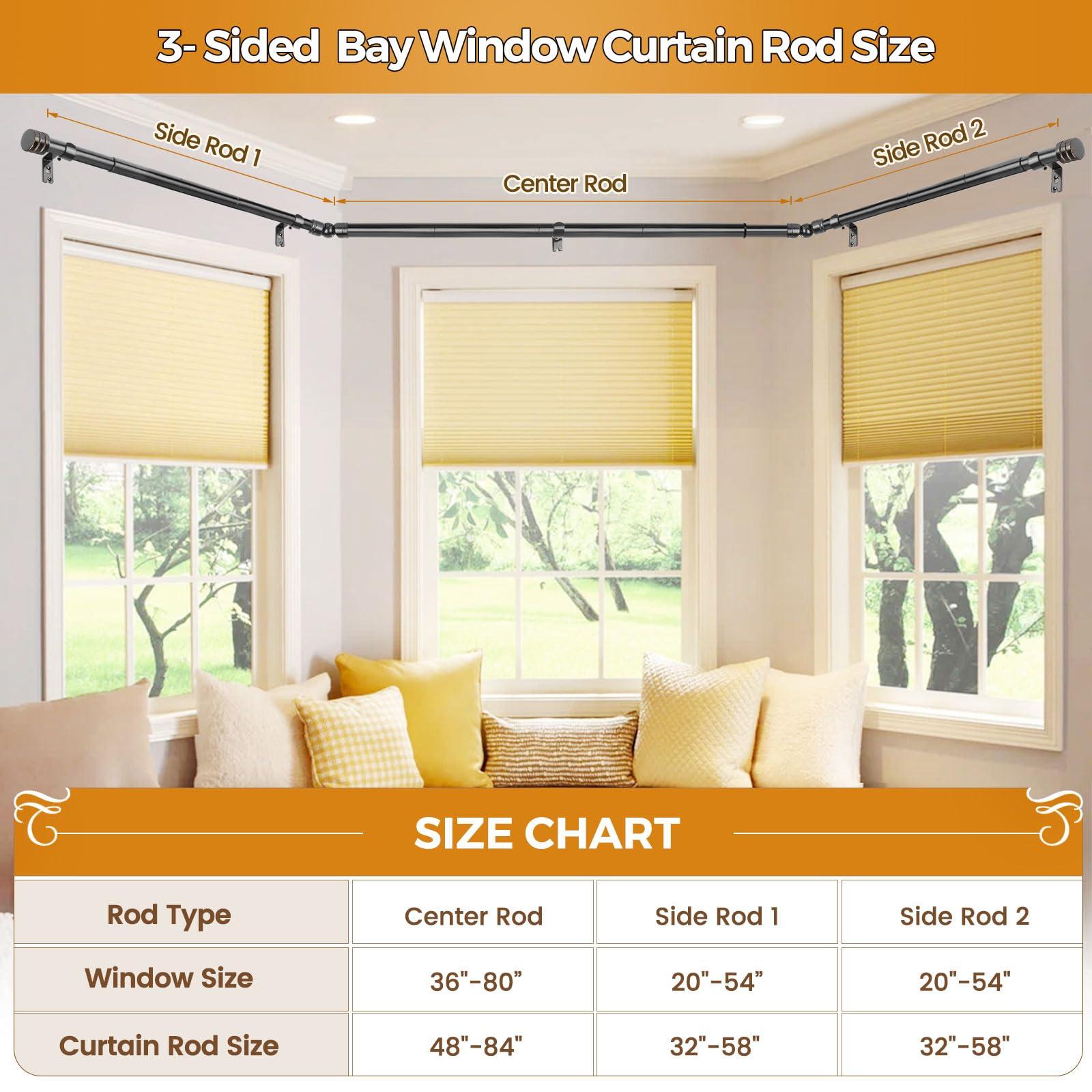 HOTOZON Bay Window Curtain Rods, HOTOZON 7/8 Inch Heavy Duty Curtain Rods for Bay Windows 48-84 Inch(Center Rod), 32-58 Inch Side Rods for Windows, Black, Decorative Drapery Rods with End Cap Finials