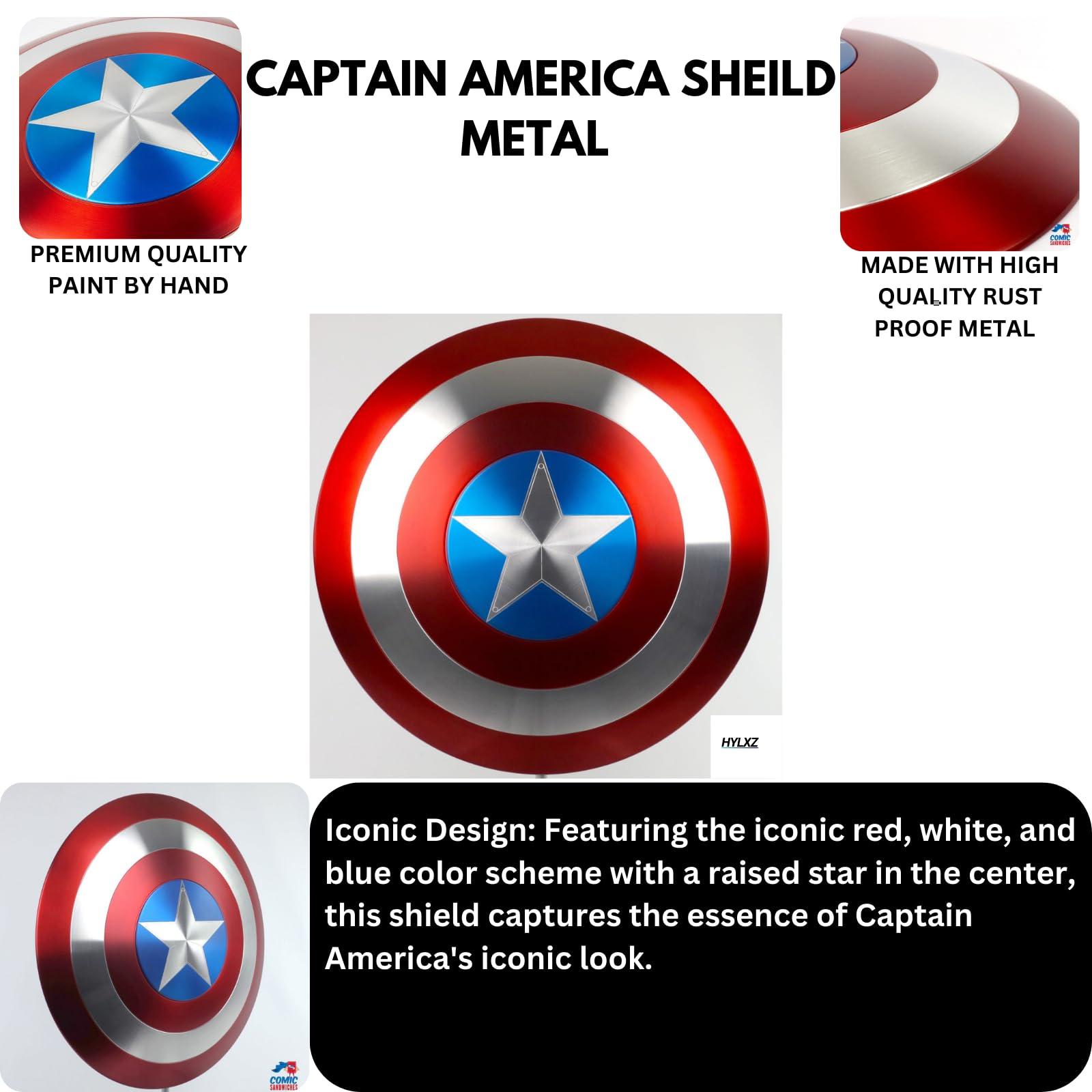 HYLXZ Captain America Shield Metal, Stainless Steel Rust free, Marvel Legends Series, Captain America Premium Role Play Shield, Adult Fan Costume & Collectible, Wall Decor, Leather Grip. Full Size