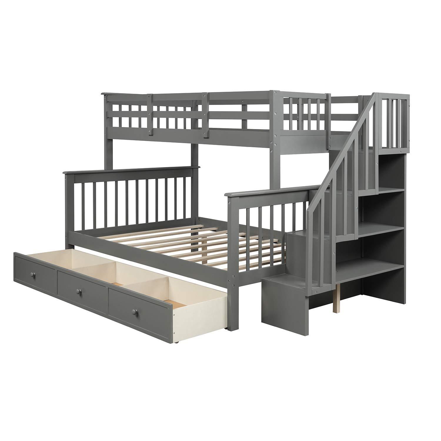 RUNNA Stairway Bunk Bed with 3 Drawers, Solid Wood Twin Over Full Bunk Bed with Storage Shelf and Guard Rail for Kids/Adults, Can be Divided Into Two Individual Beds, No Box Spring Needed (Gray)