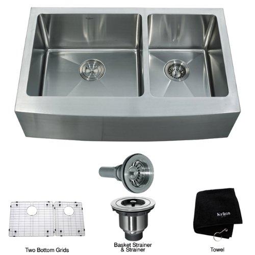 Kraus KRAUS Standart Pro 33-Inch Apron Front Farmhouse 16-Gauge 60/40 Double Bowl Stainless Steel Kitchen Sink, KHF203-33