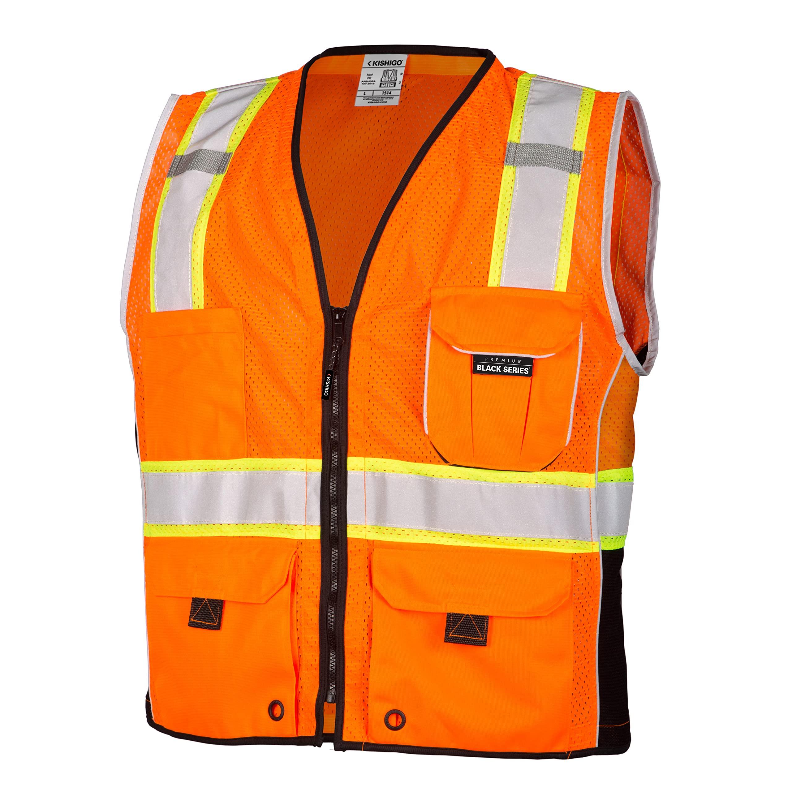 Kishigo Kishigo Premium Black Series Heavy Duty Unisex Reflective Safety Vest 1514, ANSI Type R / Class 2 Compliant, 6 Pockets - Pencil & Radio Pockets, Reflective Silver Lining & Black Trim (Orange, M)