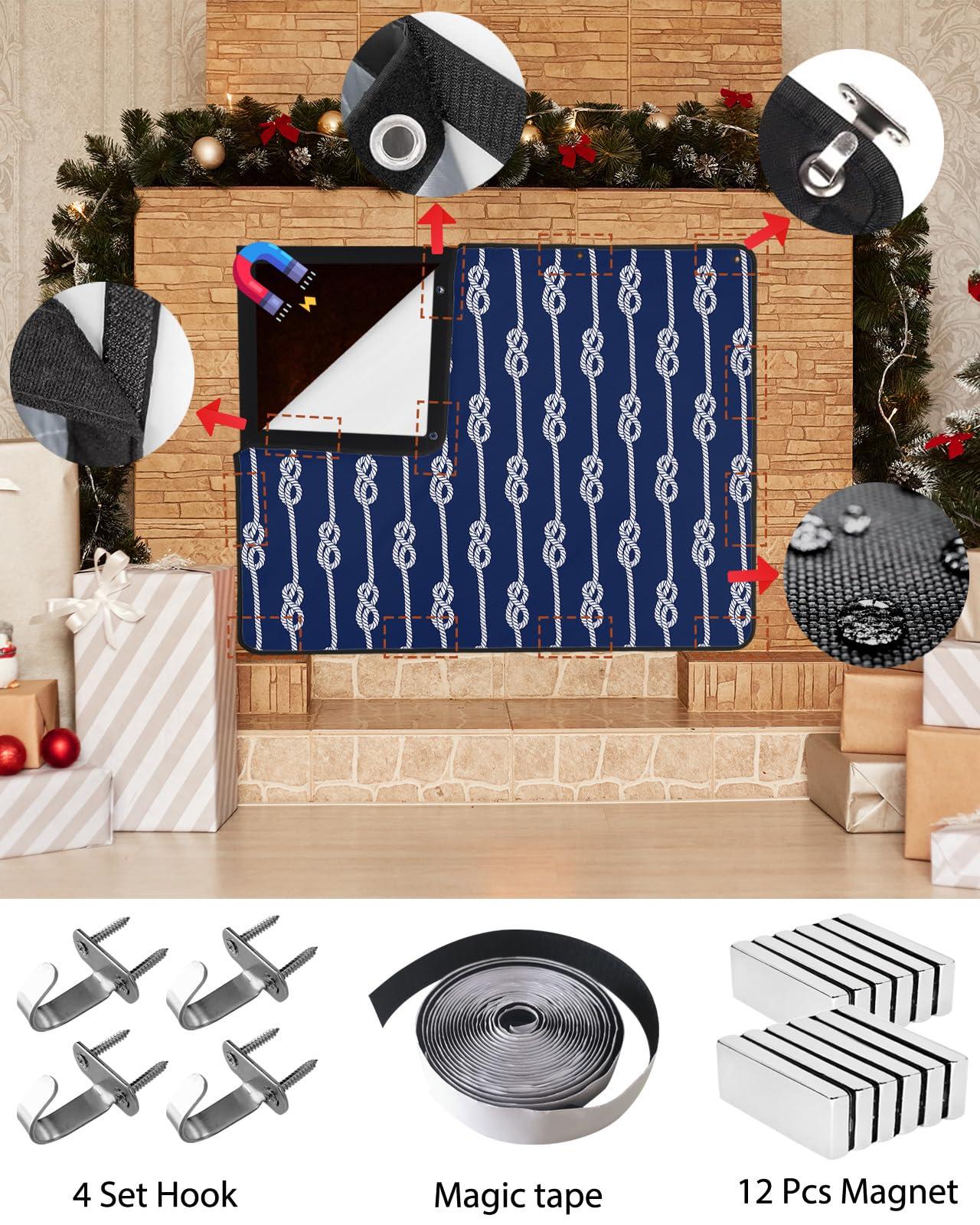 Shine-Home Nautical Knot Magnetic Fireplace Cover Decorative Indoor For Brick Fireplace, Insulation Fireplace Blocker Blanket Draft Stop Hot Heat Save Energy, Ocean Beach Sailboat Navy Blue 39\"Wx32\"H